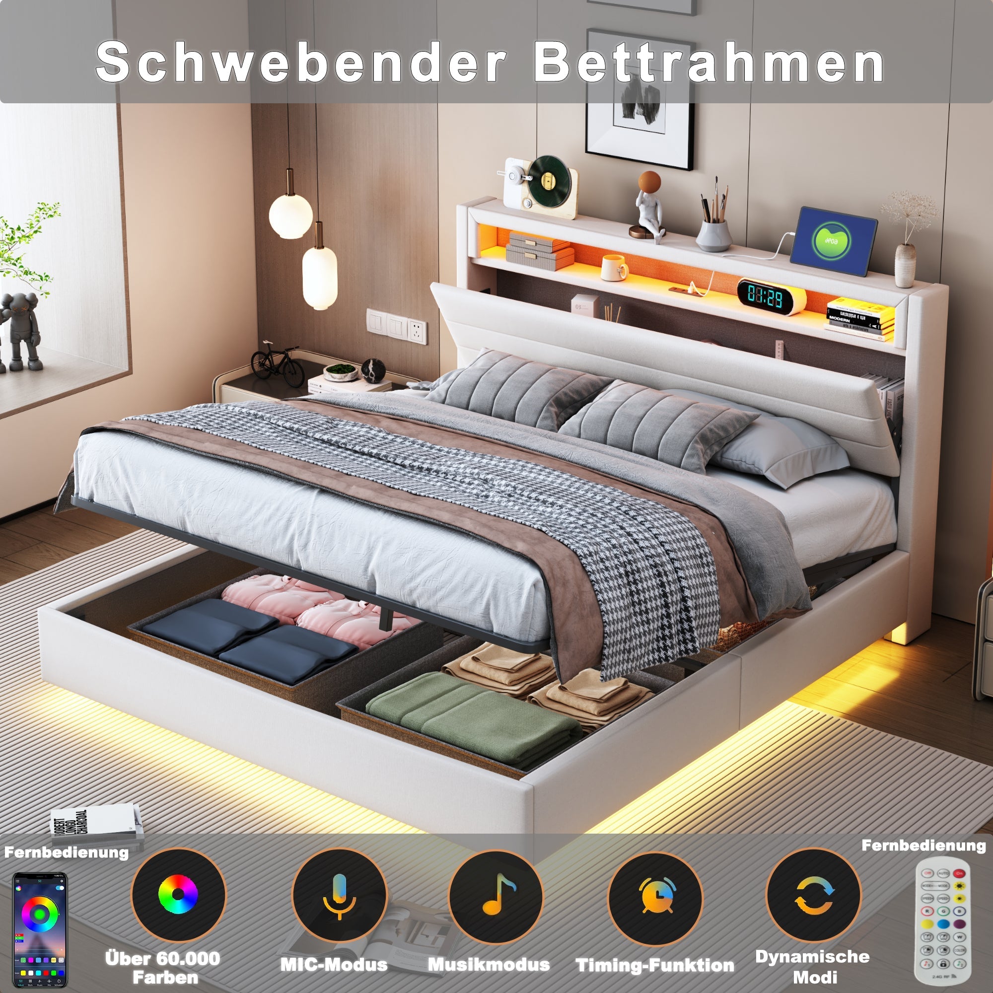 Upholstered Bed, Hydraulic Floating with Storage, USB & LED, Reversible Headboard, Linen Beige
