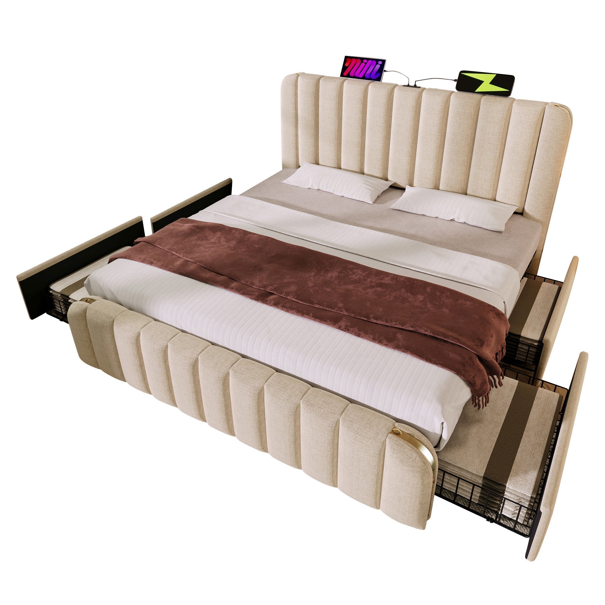 Upholstered Bed 180x200cm, Padded Headboard USB Type-C, 4 Drawers, Beige Linen