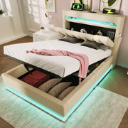 Upholstered Single Bed 90x200cm Storage Headboard LED Hydraulic, Beige Linen