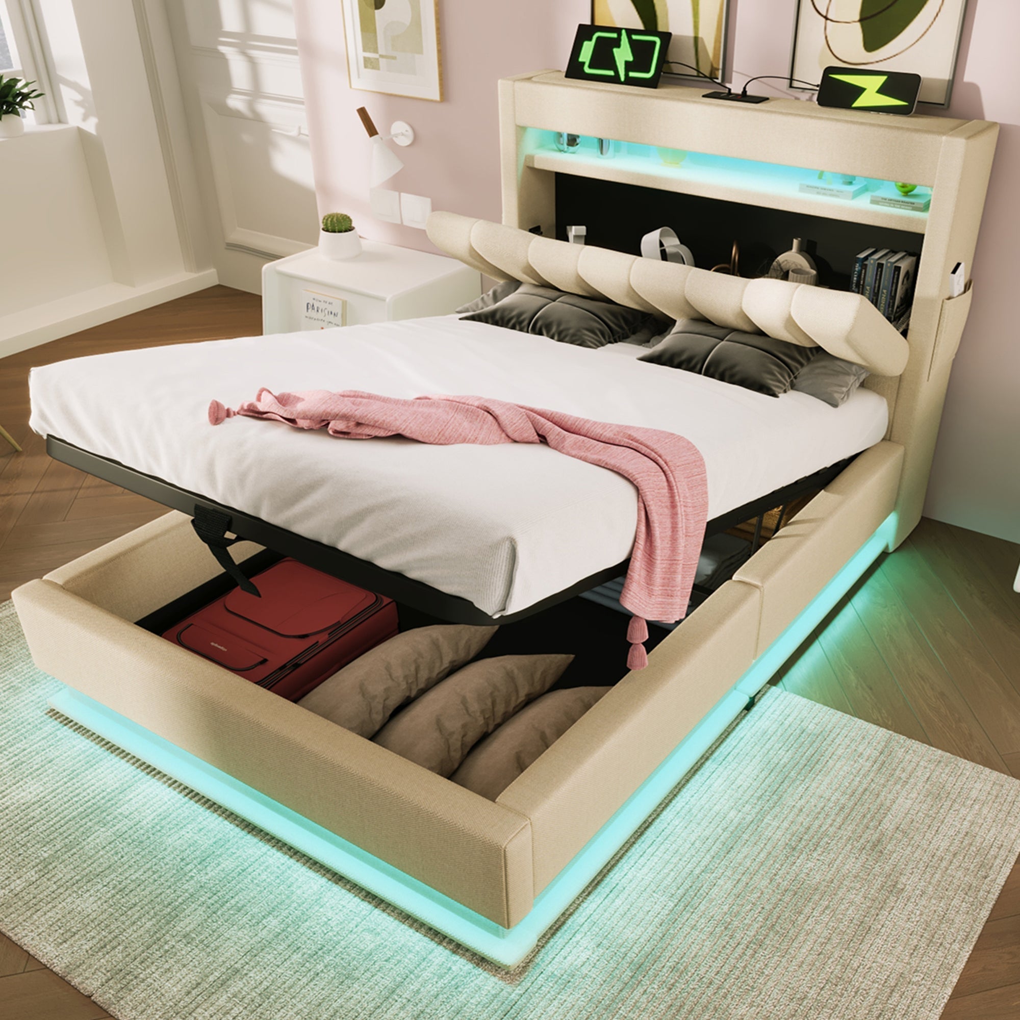 Upholstered Single Bed 90x200cm Storage Headboard LED Hydraulic, Beige Linen