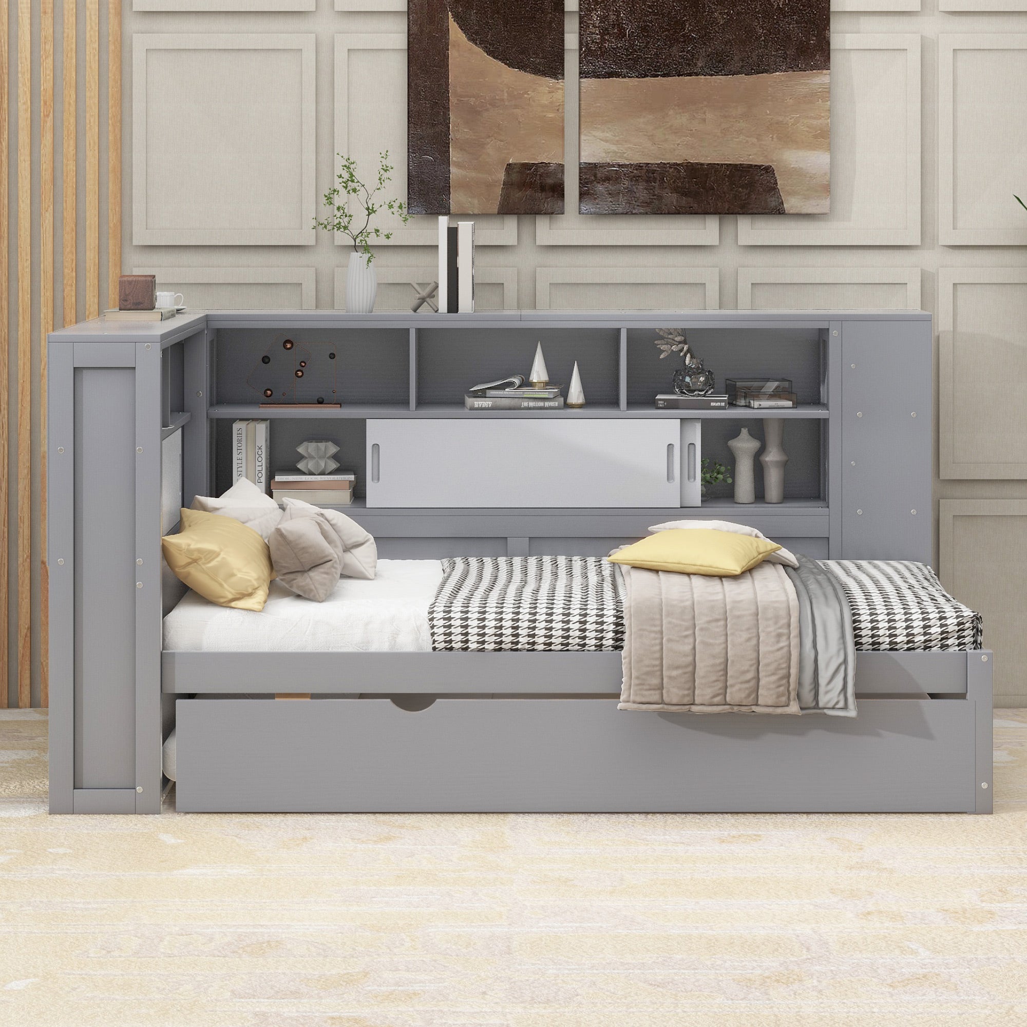 Daybed Sofa Bed 90x200cm Pull-out Storage USB Port - Grey Chipboard