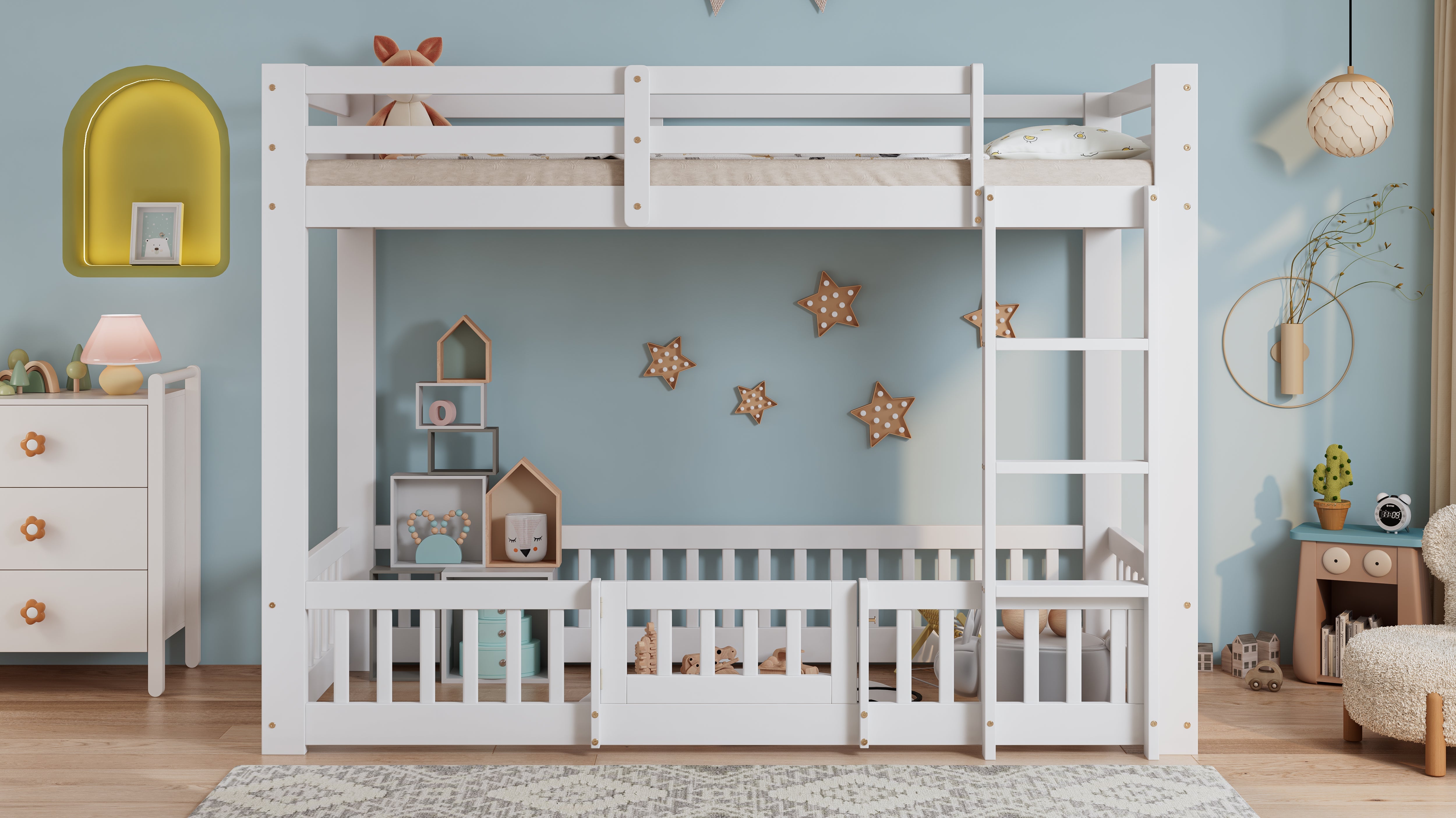 Bunk Bed, Wooden with Right-Angled Stairs, Railing, Fall Protection, White