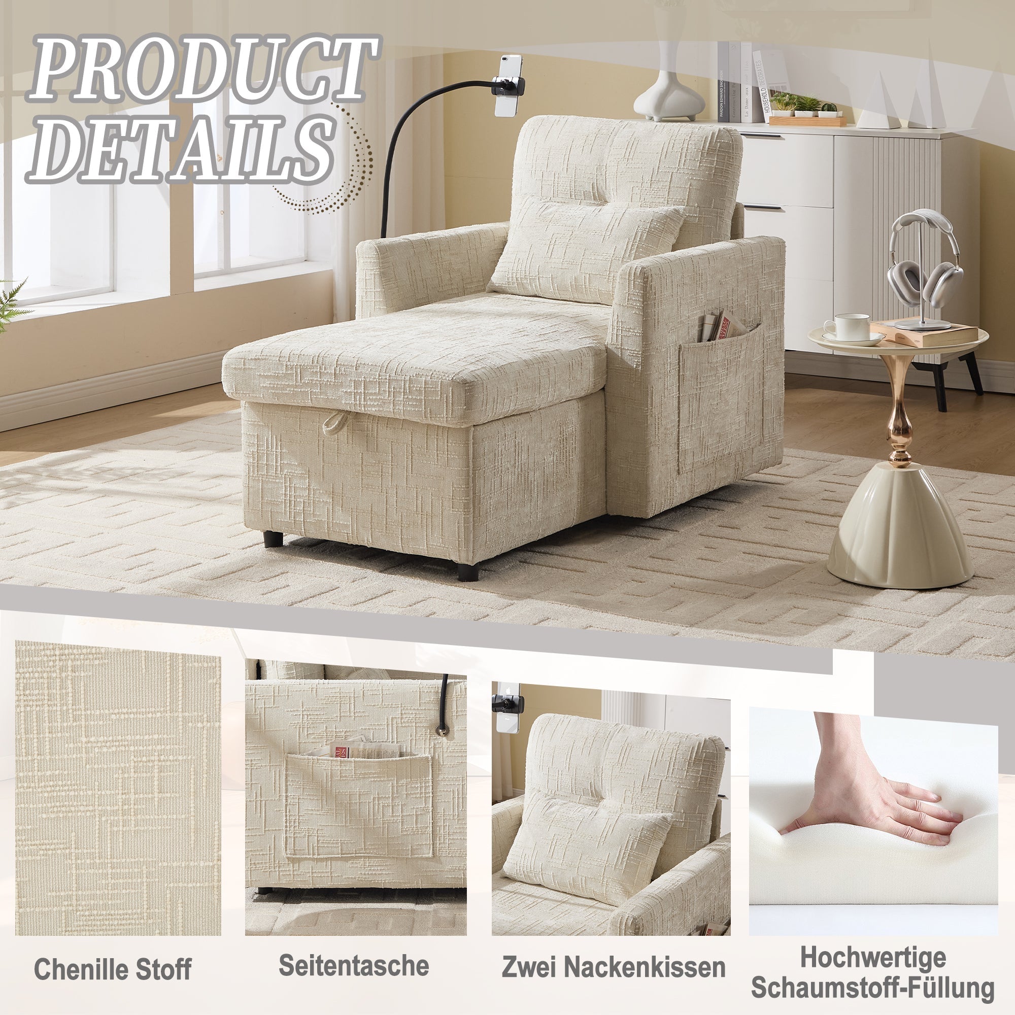 Lazy Sofa, Multifunctional Stowable Backrest with Phone Holder, Chenille