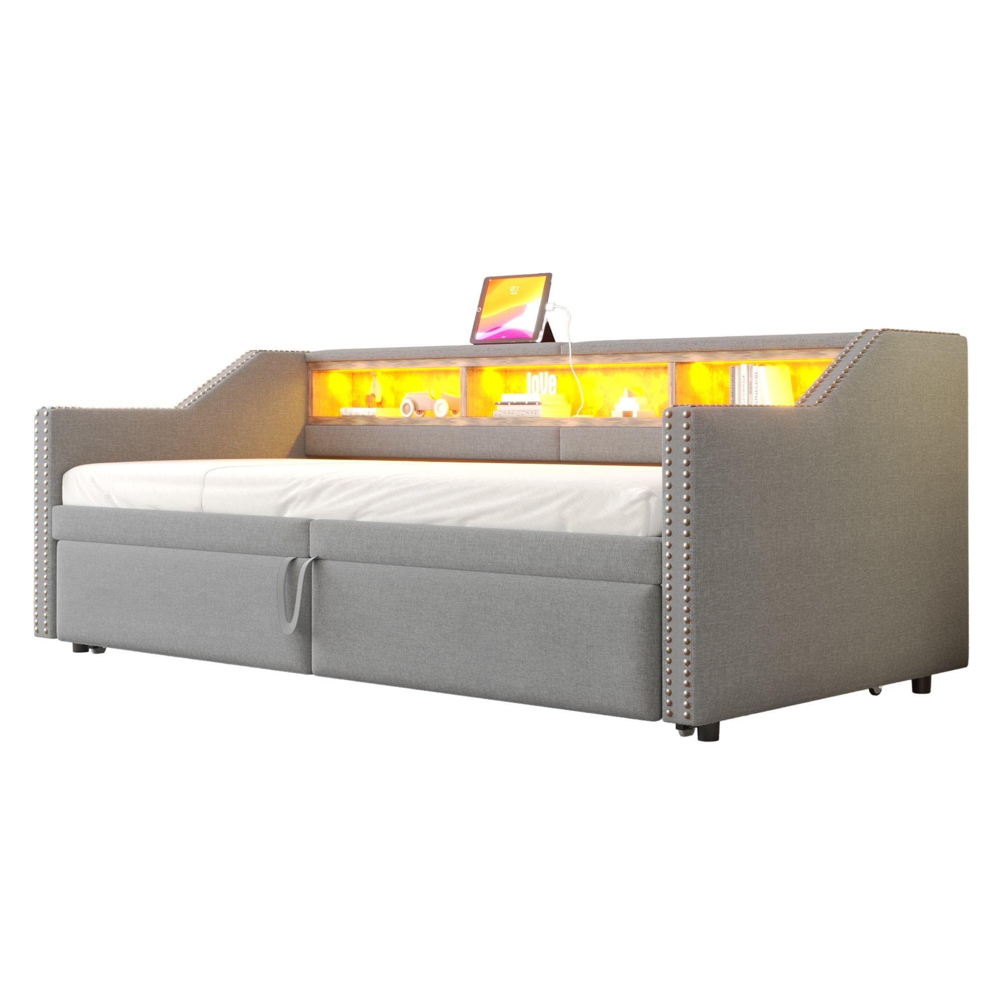 Upholstered Sofa Bed, Pull-Out with Storage, LED & USB, Light Grey