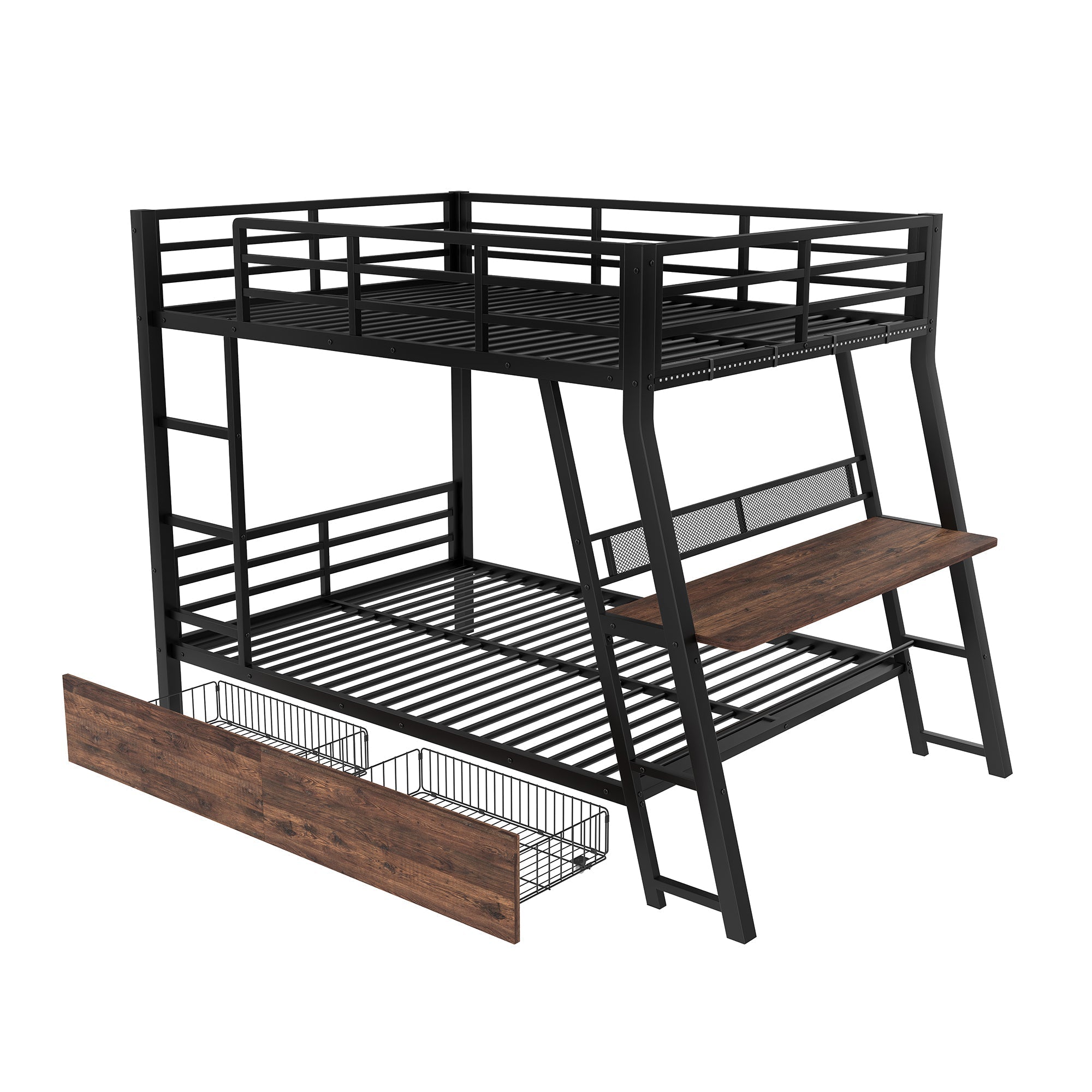 Loft Bed with Desk, LED Strip and Storage Drawers, Black Iron Frame