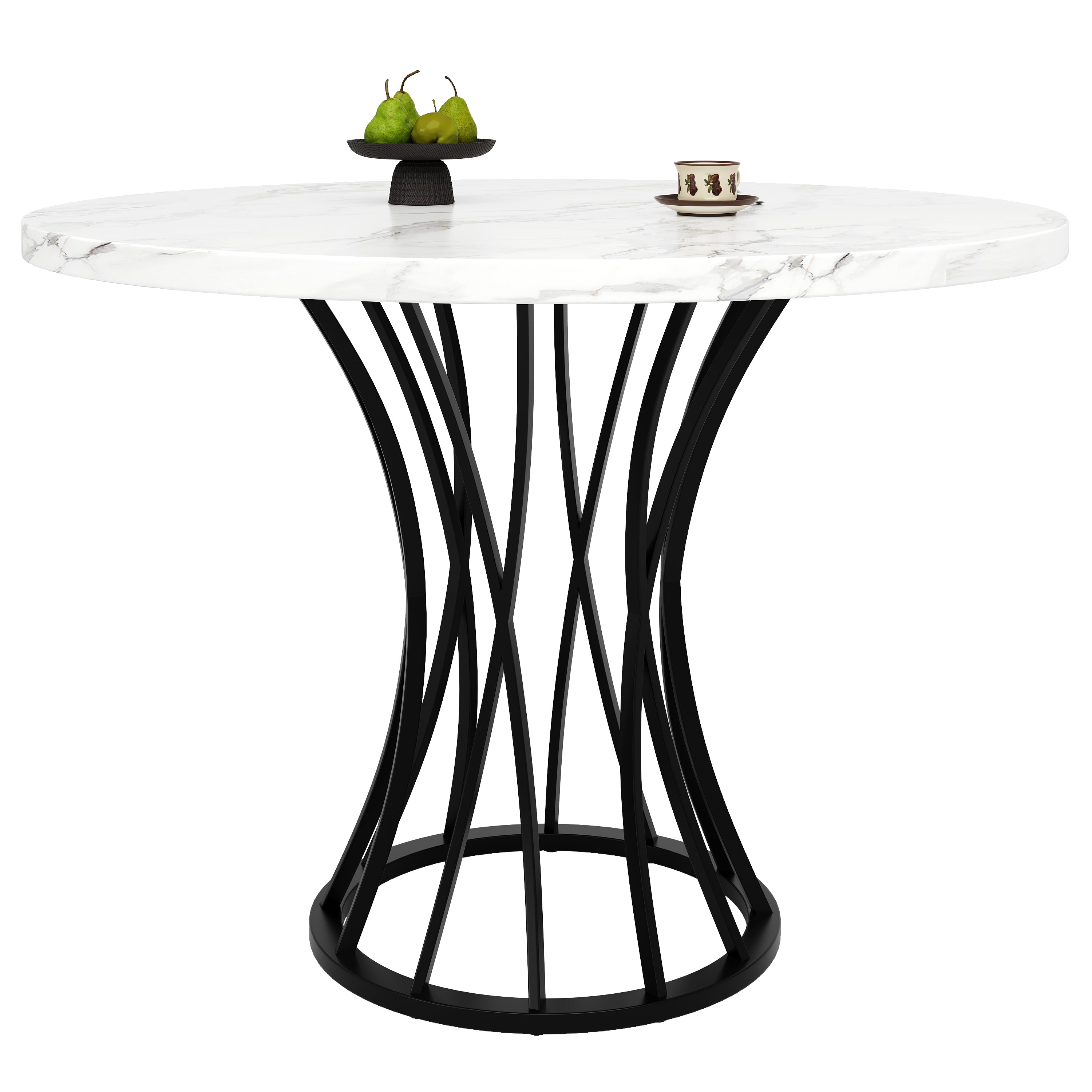 Round Dining Table 80x80cm Marbled Top 4-6 Seater - Black Legs