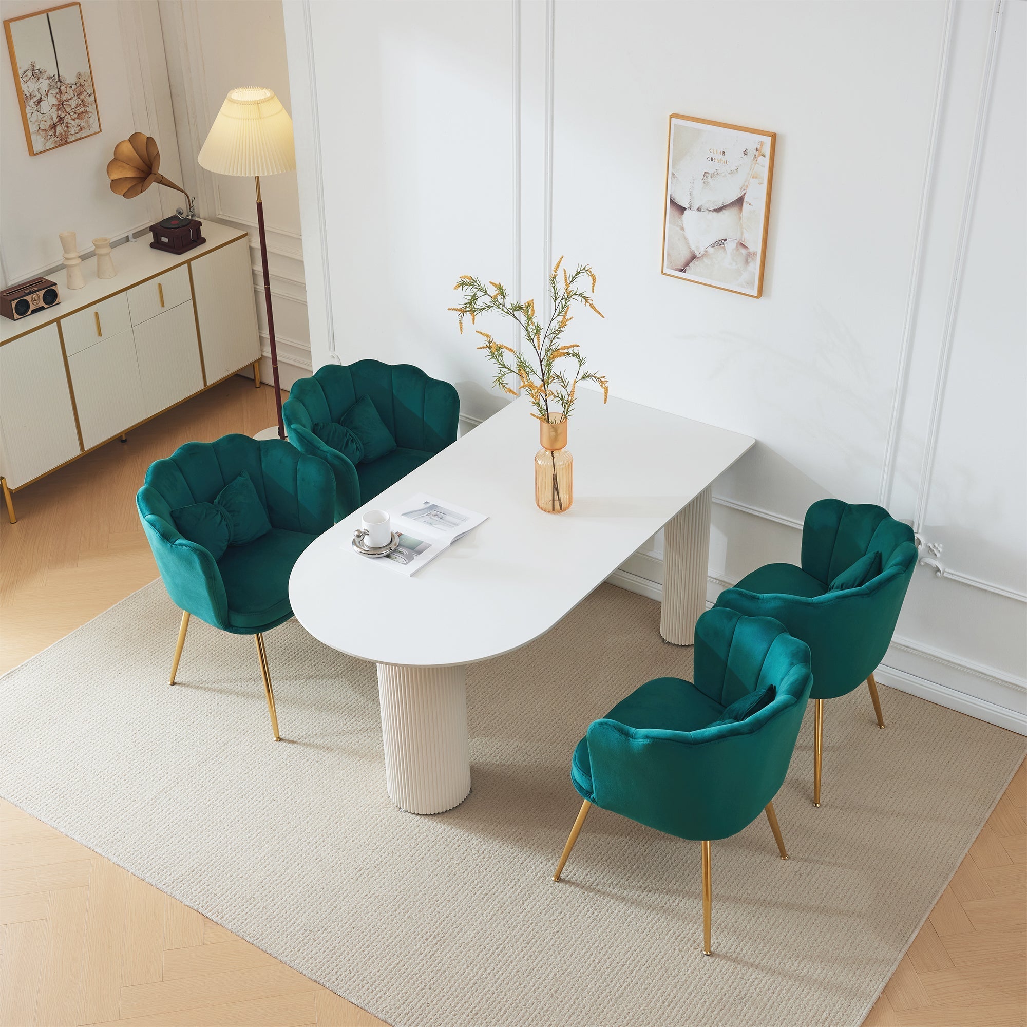 Velvet Chairs, Set of 4 Modern Upholstered with Petal Backs, Gold Metal Legs