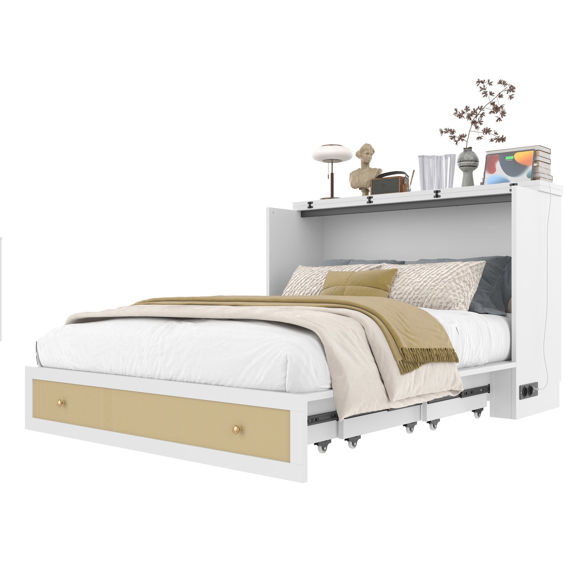 Murphy Bed with USB and Power Outlet, Convertible Platform Bed 140 x 200, White