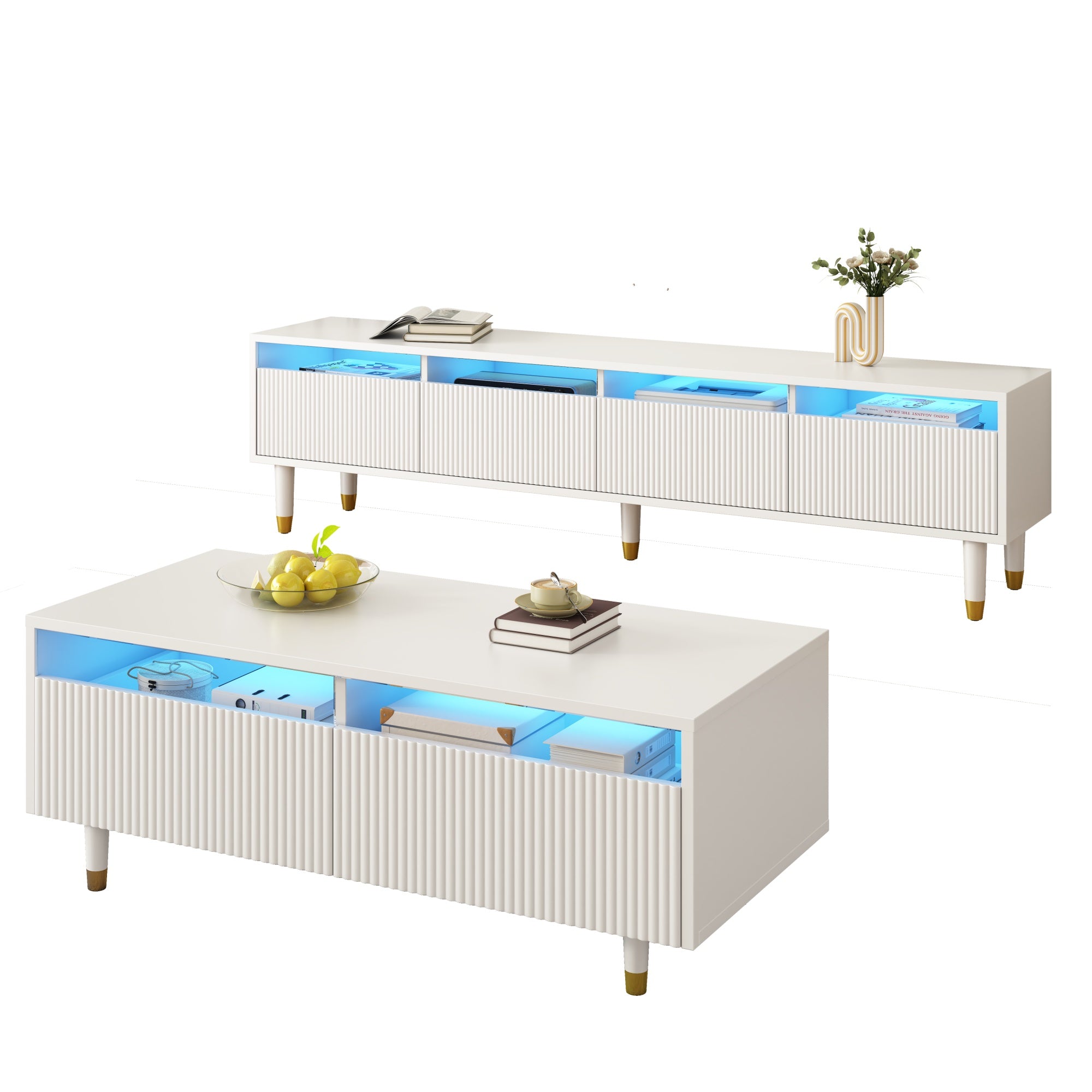 LED Furniture Set, 4-Door TV Stand & Coffee Table with 2 Drawers, White Gold Design