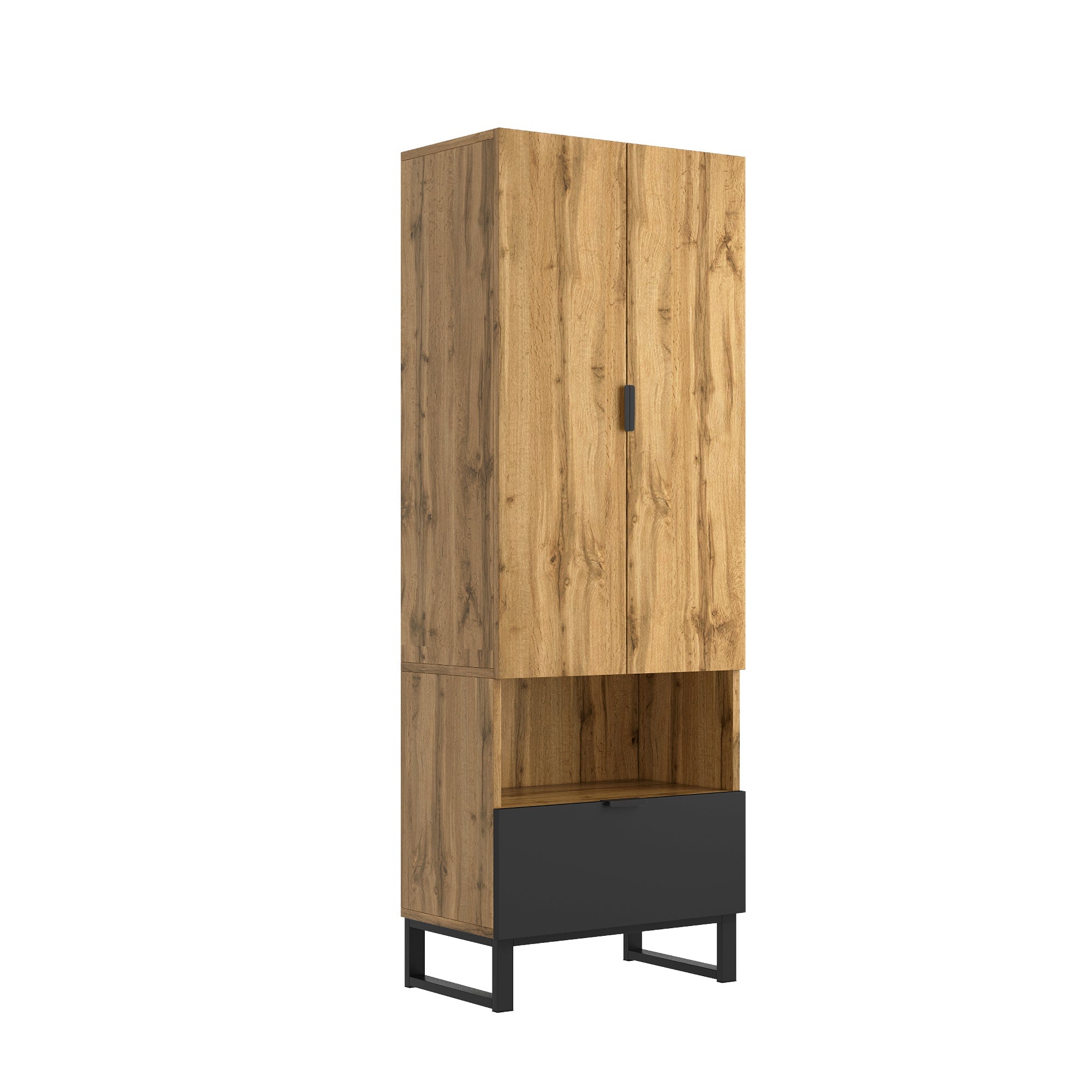 Wardrobe, 1 Drawer, Adjustable Shelves, Clothes Rail, Wood and Black