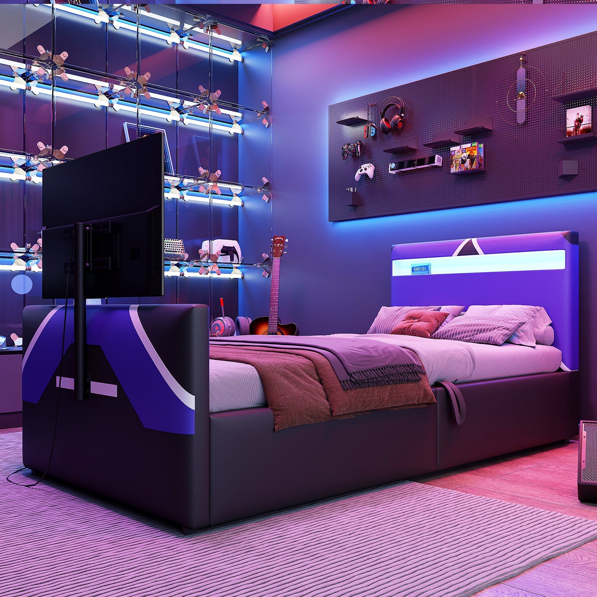 Multifunctional Gaming Bed with LED Lighting, Storage and TV Mount, PU Leather