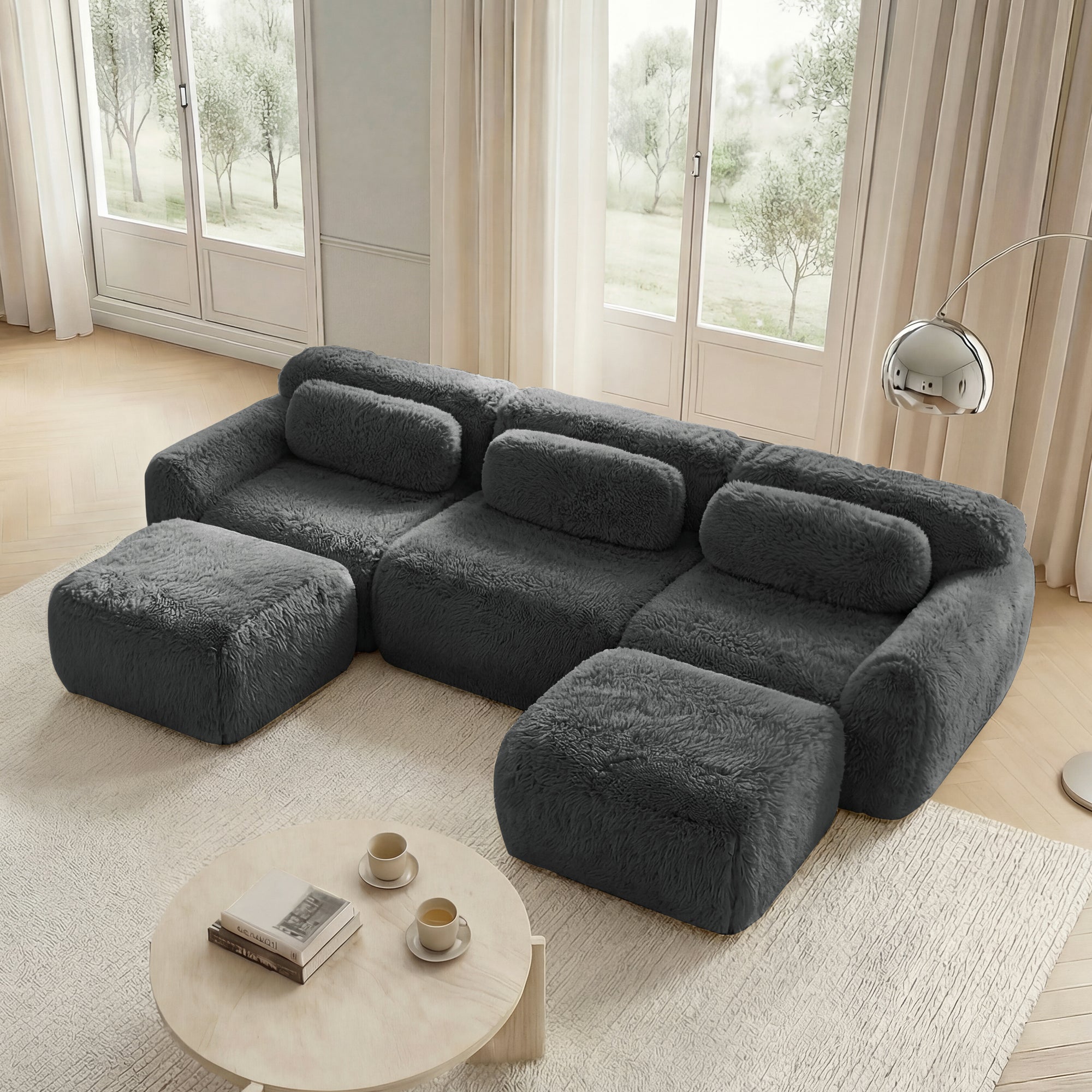 U-shaped Modular Sofa Plush Fabric High-Resilience Foam - Grey