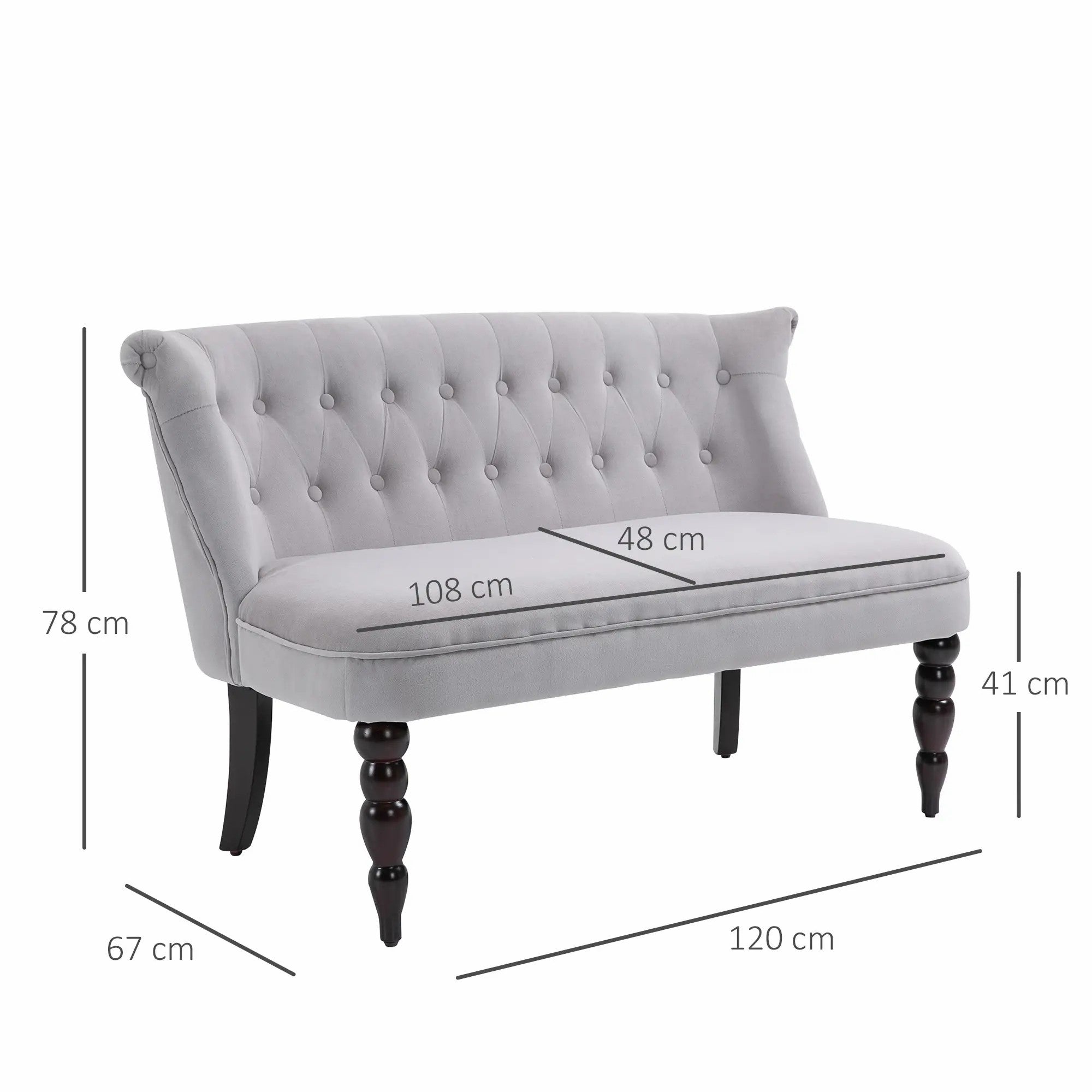 Loveseat, Compact 2 Seater Button Tufted with Carved Legs, Wood Frame, Grey