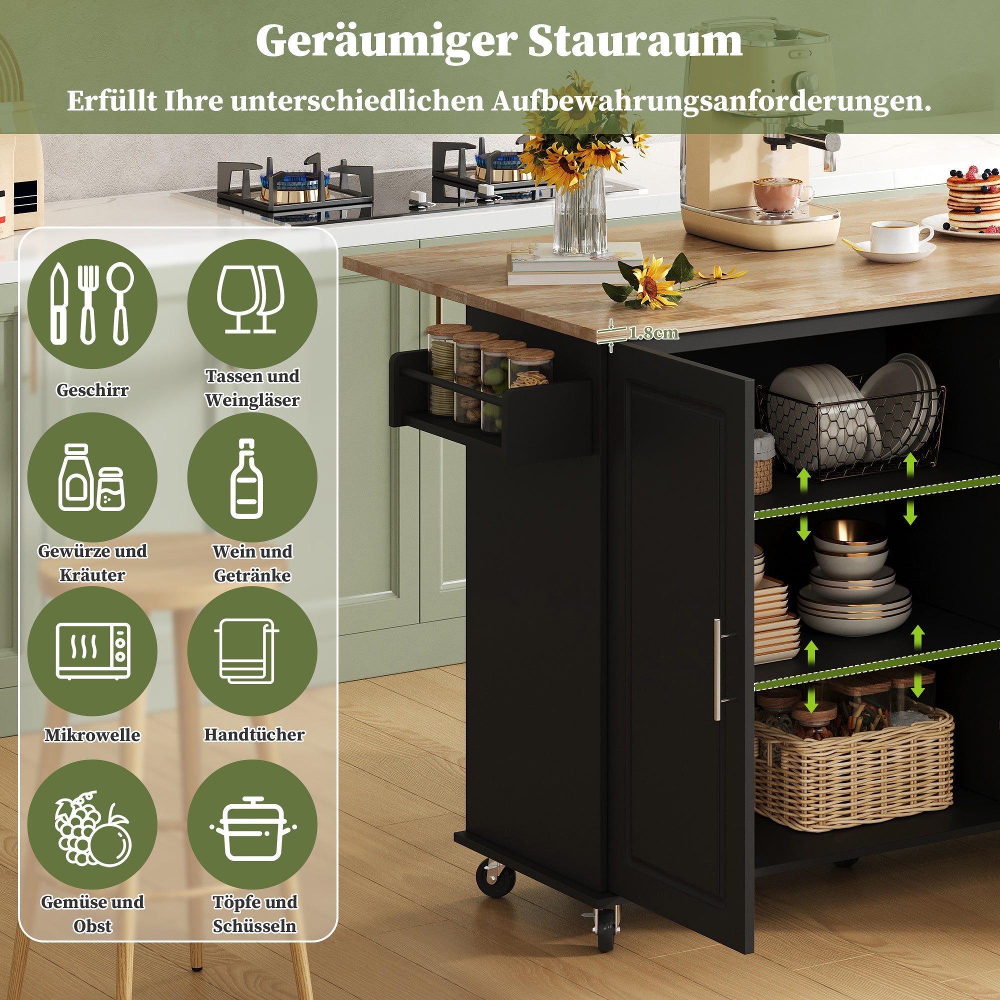 Mobile Kitchen Table with Foldable Worktop and 3 Drawers, Oak Look