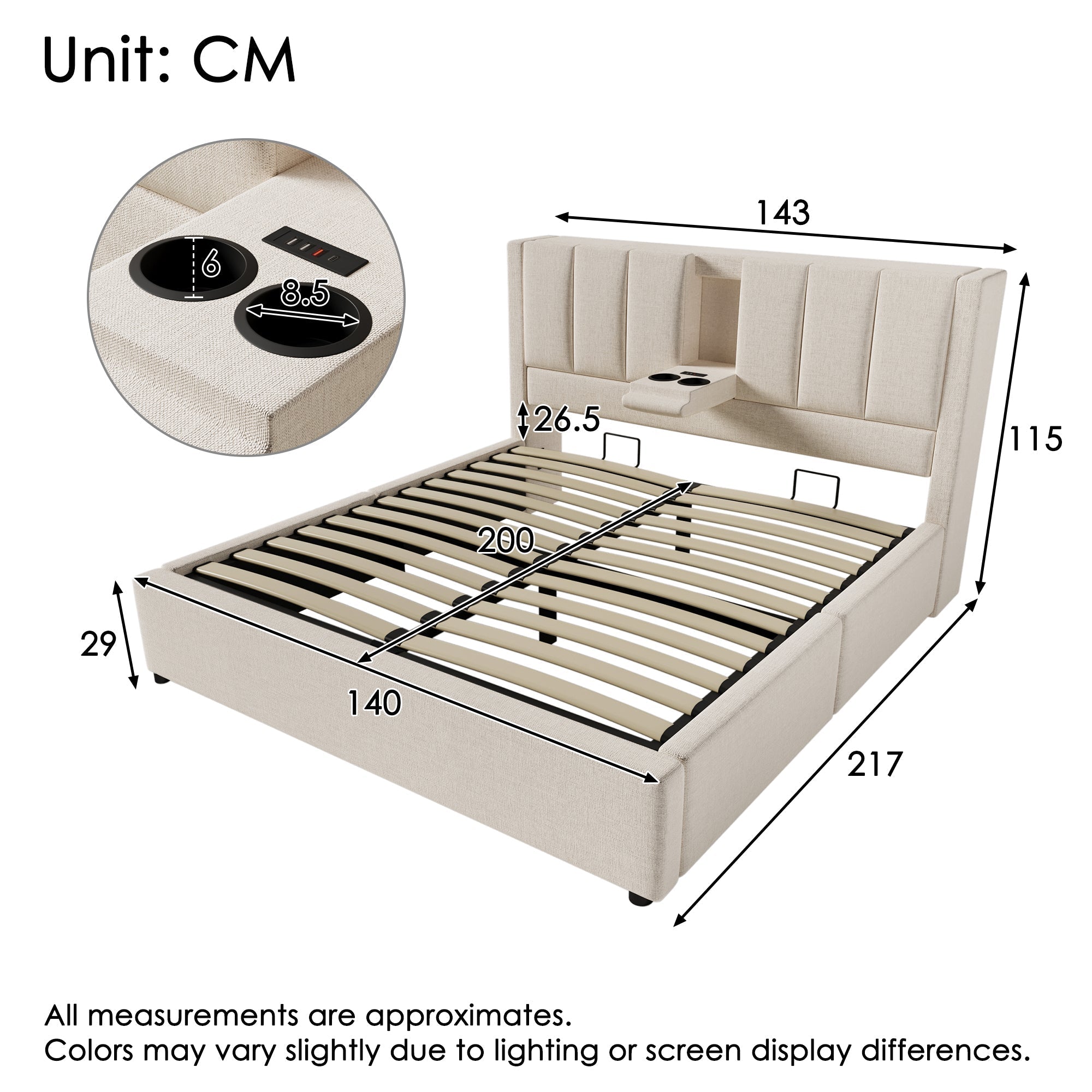 Upholstered Double Bed 140x200cm Hydraulic Storage Cup Holder Charging Station - Linen Beige