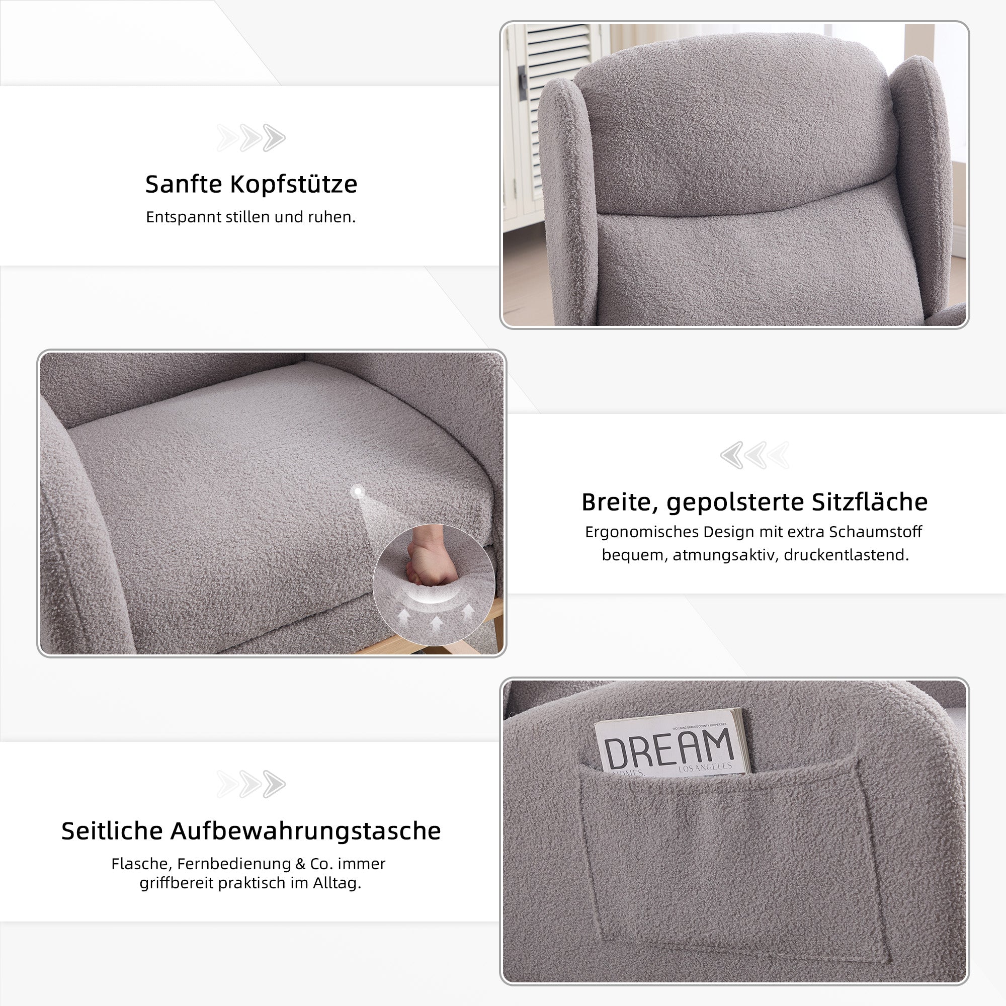 049B Rocking Chair, Nursing Lounge Chair with Adjustable Footrest, High Back, Teddy Fabric, Gray