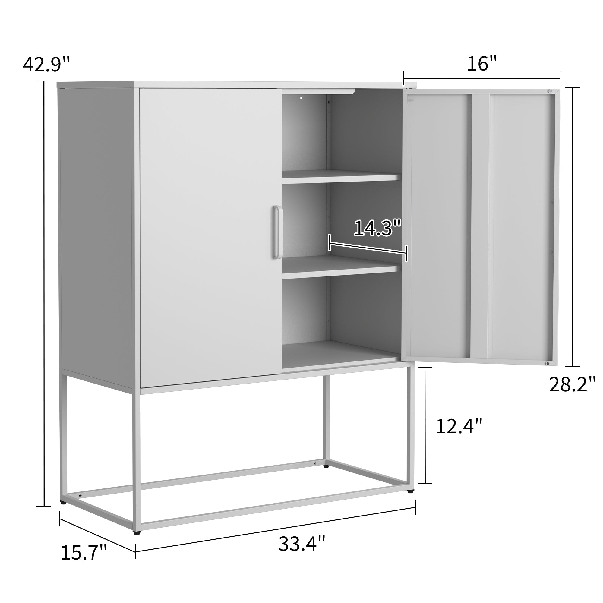 Metal Sideboard 2 Shelves Magnetic Doors Freestanding - White