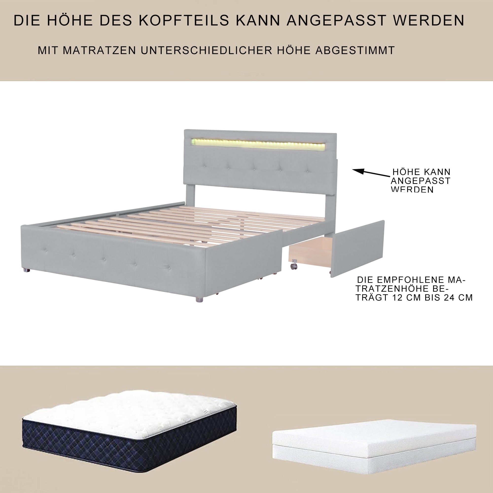 Upholstered Bed, 140x200cm, LED, 4 Drawers, Linen, Grey