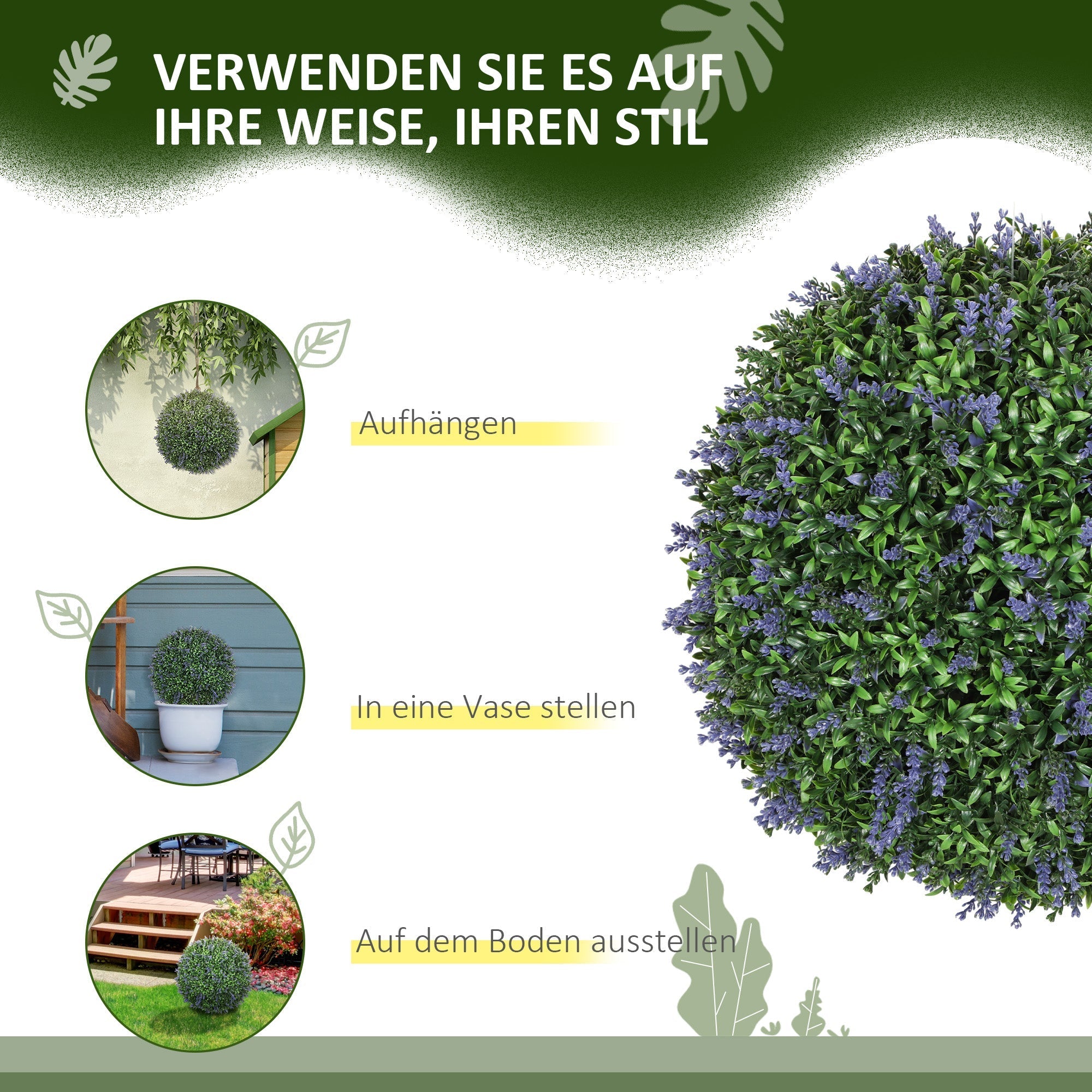 Artificial Lavender, 42 cm Ball Shape, Set of 2, Purple + Green