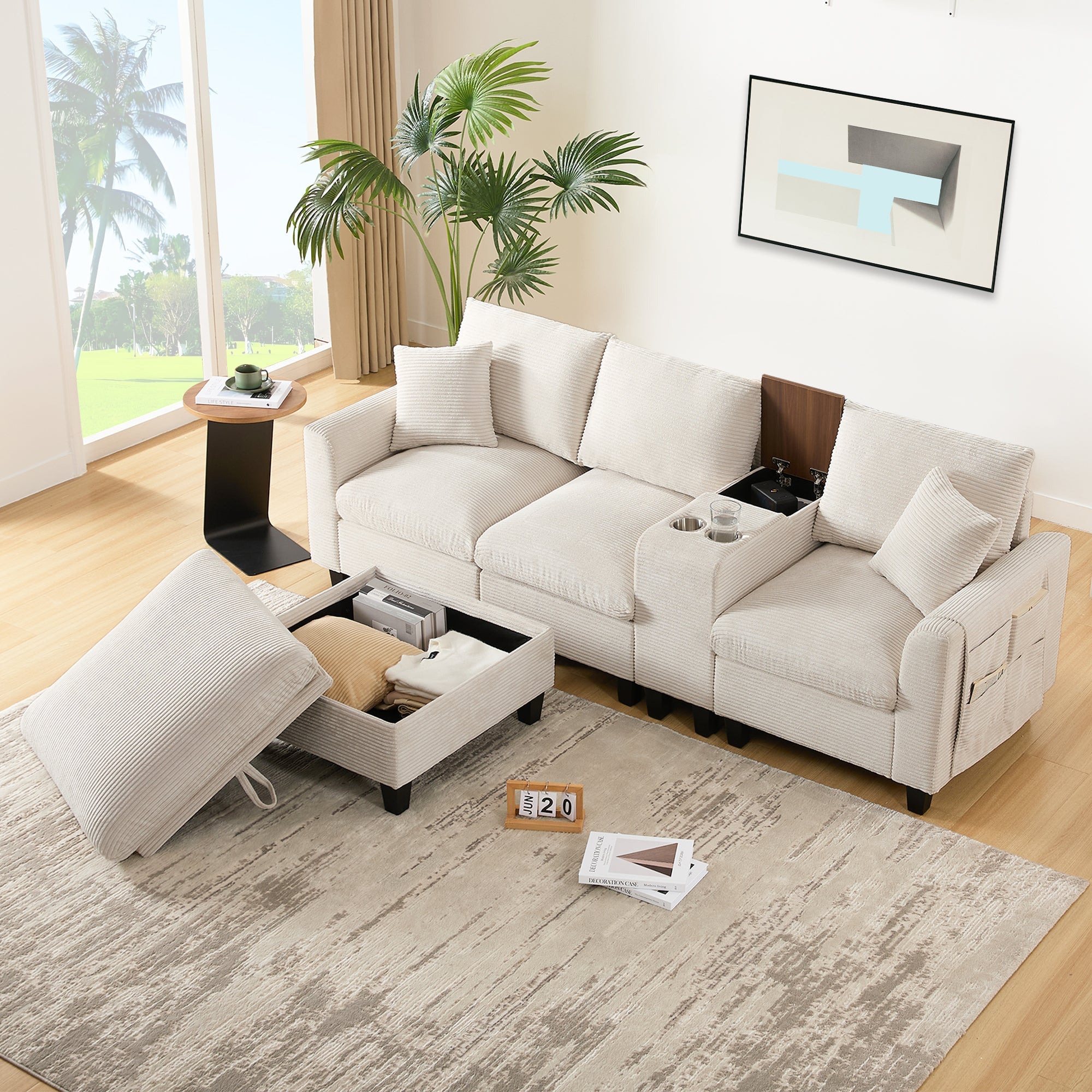 Modern L-shaped Convertible Corner Sofa with Console & USB, Corduroy Fabric
