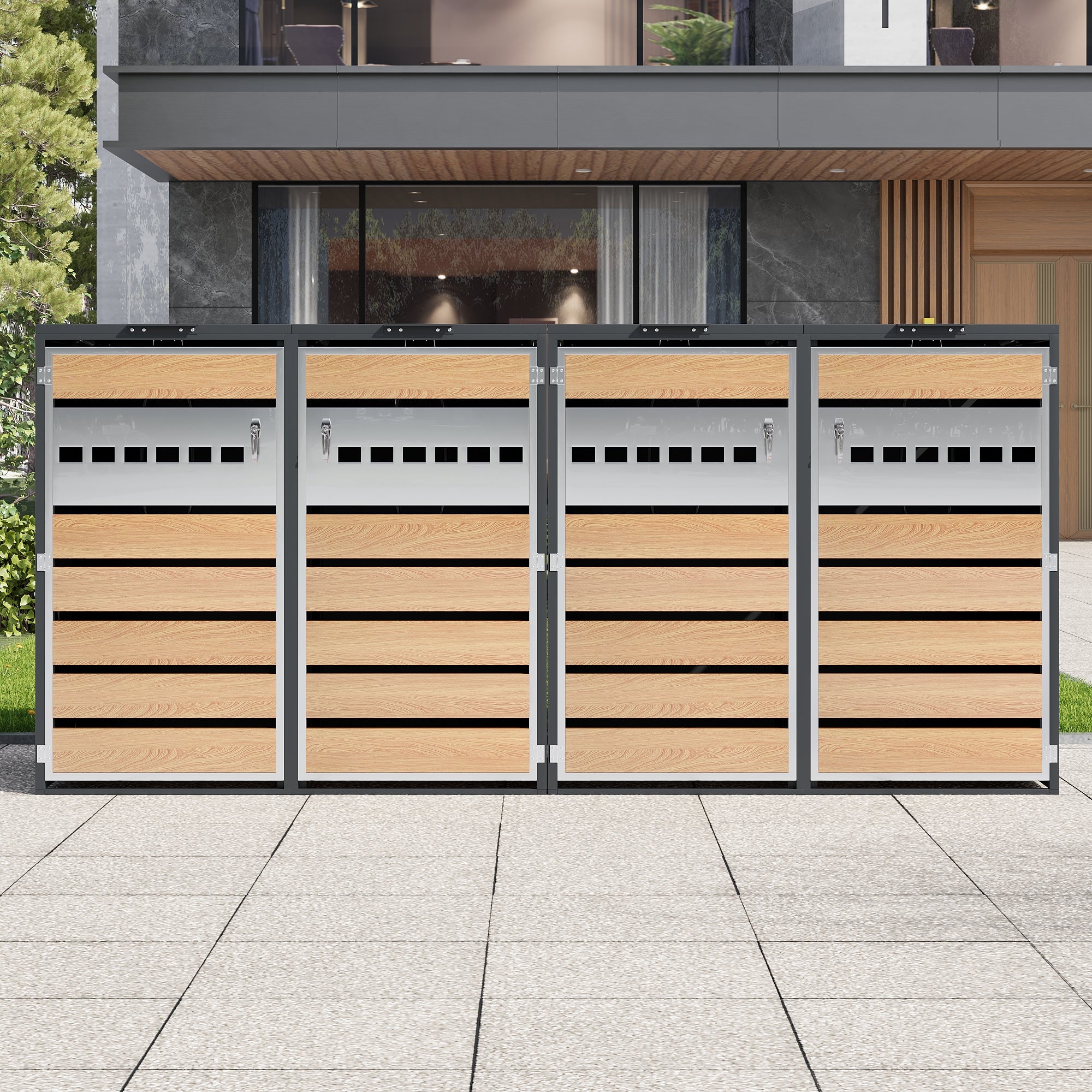 Bin Storage Box with Hinged Lid, Lockable and Four Doors, Horizontal Wood Grain Blocks