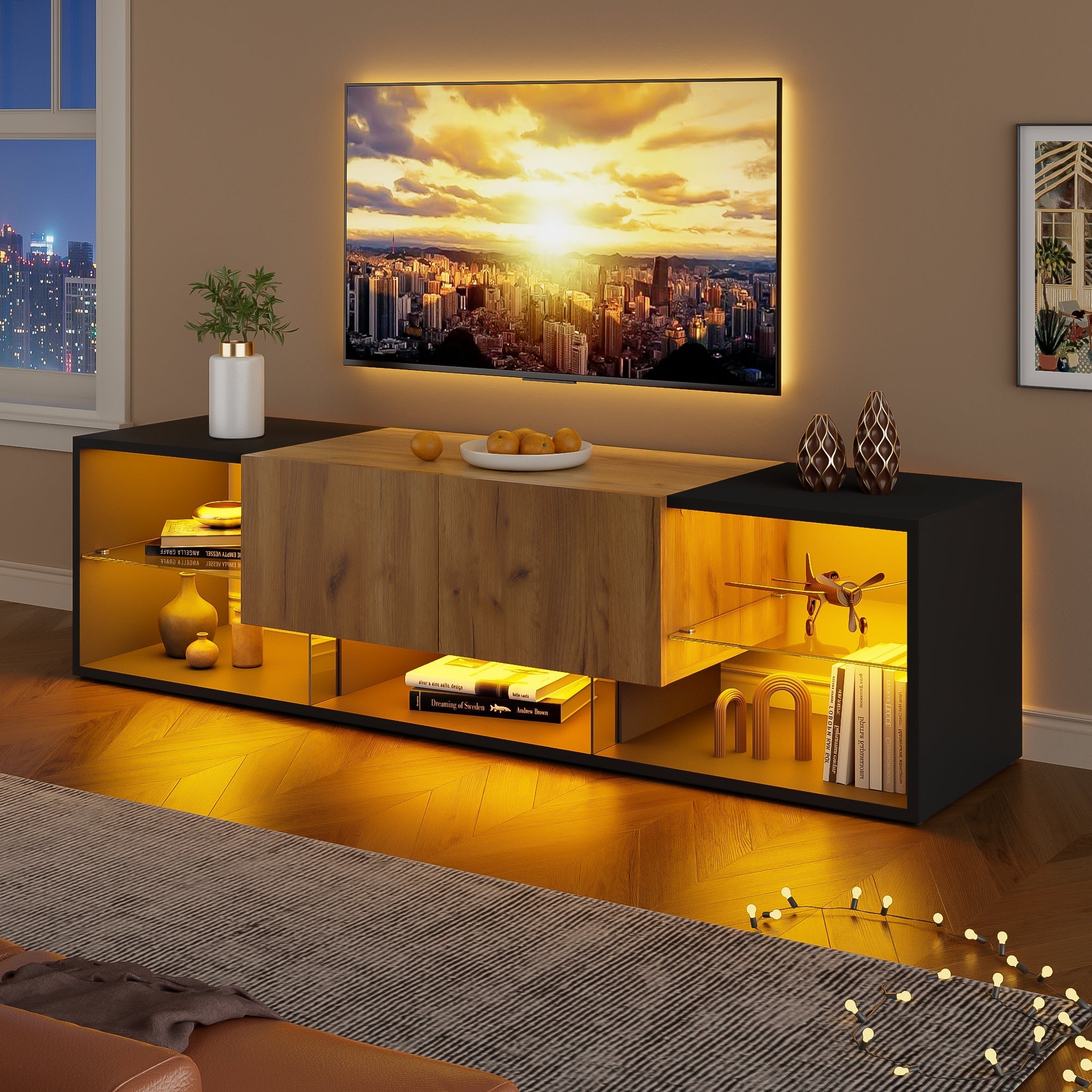 TV Console Cabinet, 3-Tier with Glass Shelf and 2 Drawers, Black
