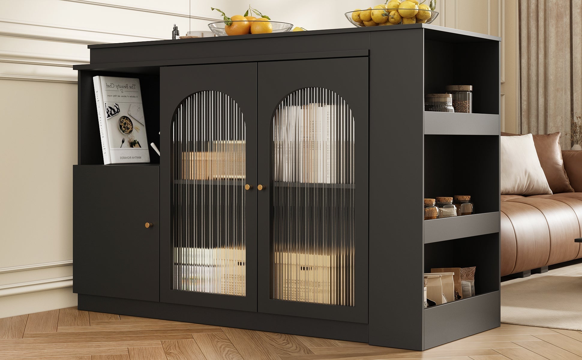 360° Rotating Bar Table with Dining & Bar Cabinet, Multifunctional Storage & Glass Door, Black