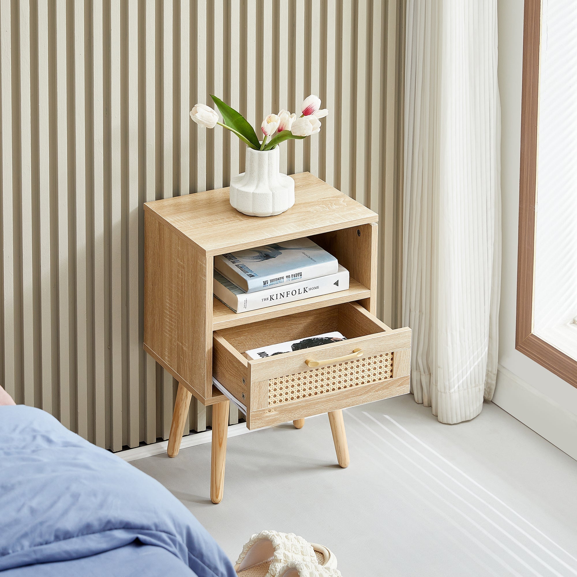 Rattan Side Table Drawer Solid Wood Legs Modern Bedside Natural Wood Look
