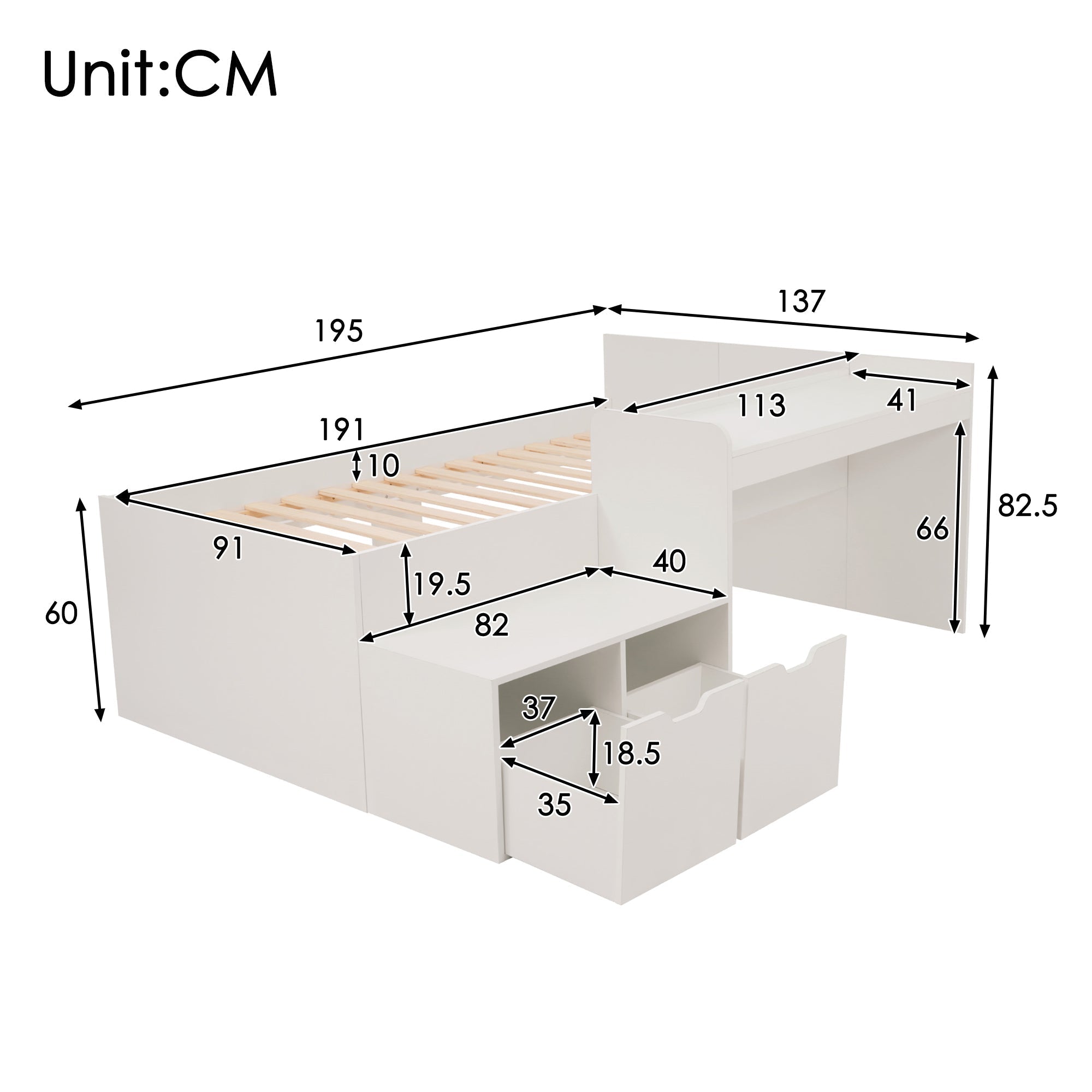 Kids Single Bed with Desk and Drawers, 90 x 190 cm, White Wooden Frame