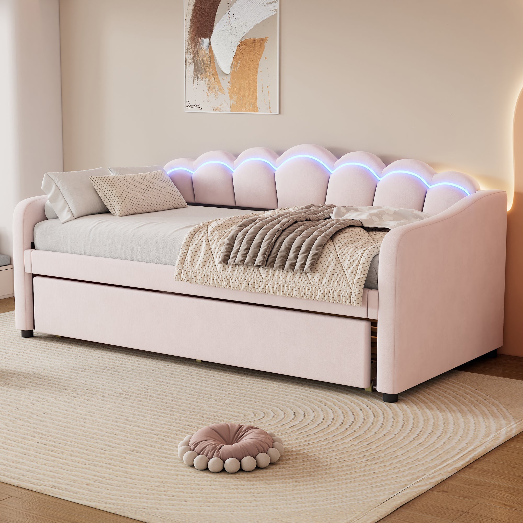 Daybed Sofa Bed 90x200cm Pull-out Bed Ambient Light Remote Control - Velvet Pink