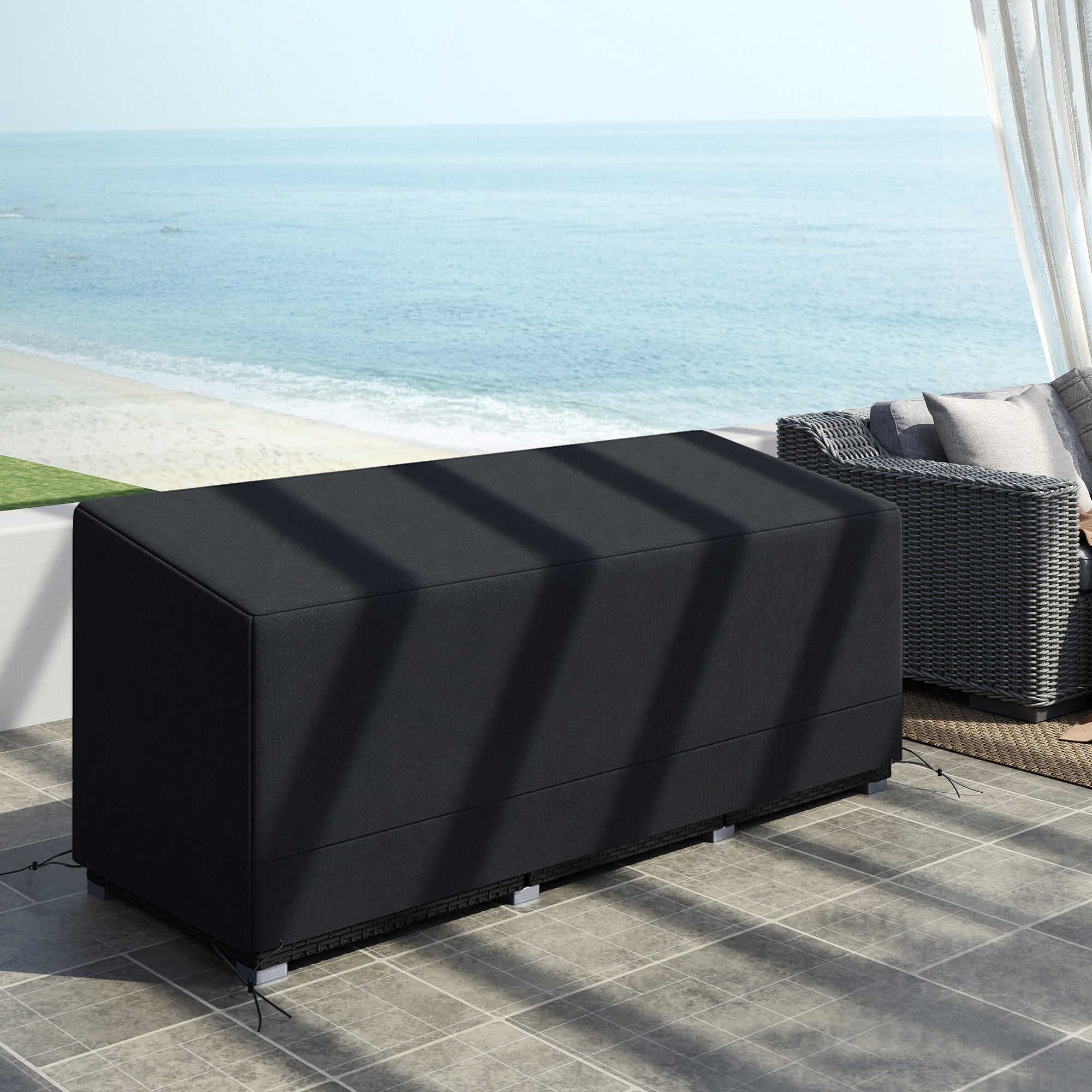 Rechteckige Terrassen-Gartenmöbelabdeckung, wasserdicht, UV-beständig, 3-Sitzer-Sofa-Bistro-Set, 190 x 72 x 76 cm, 600D Oxford-Gewebe, Schwarz