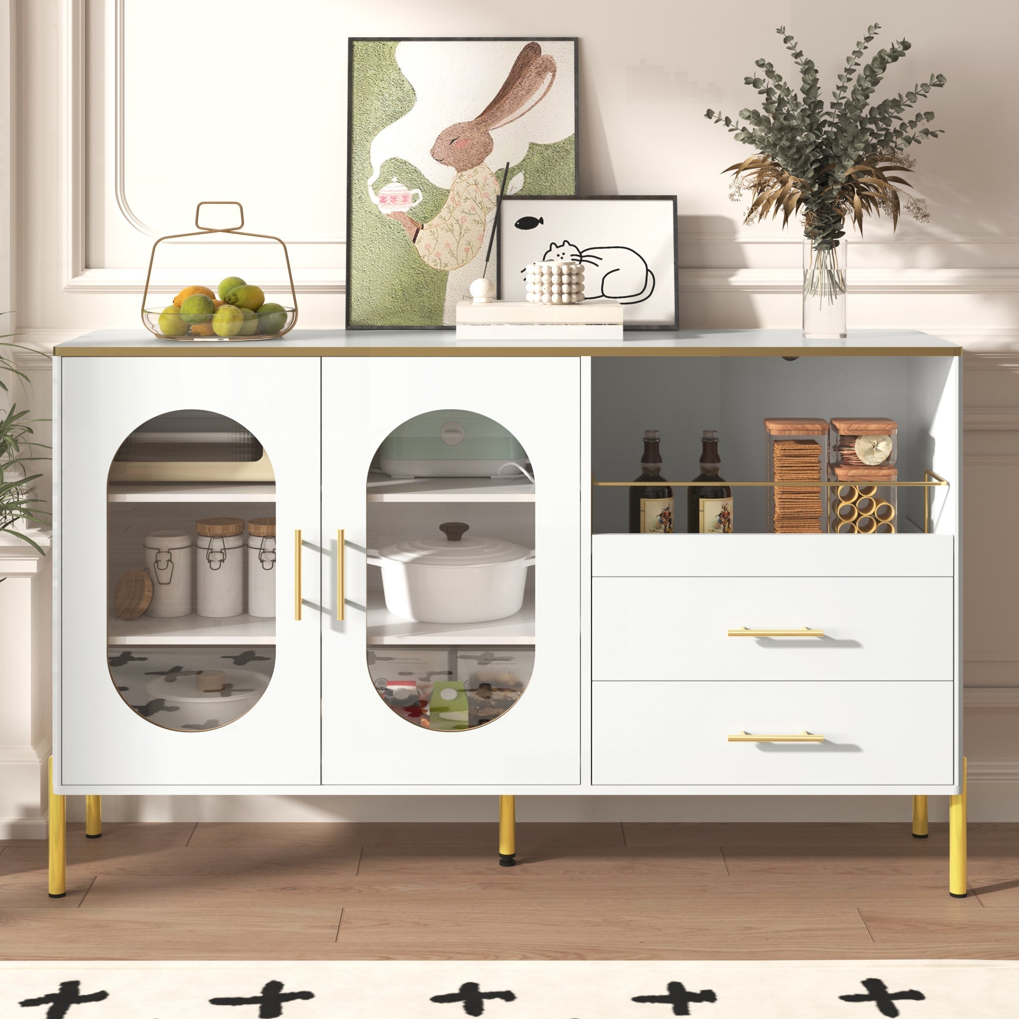 Sideboard Cabinet, 2 Drawers 2 Glass Doors Modern, White Gold Accents