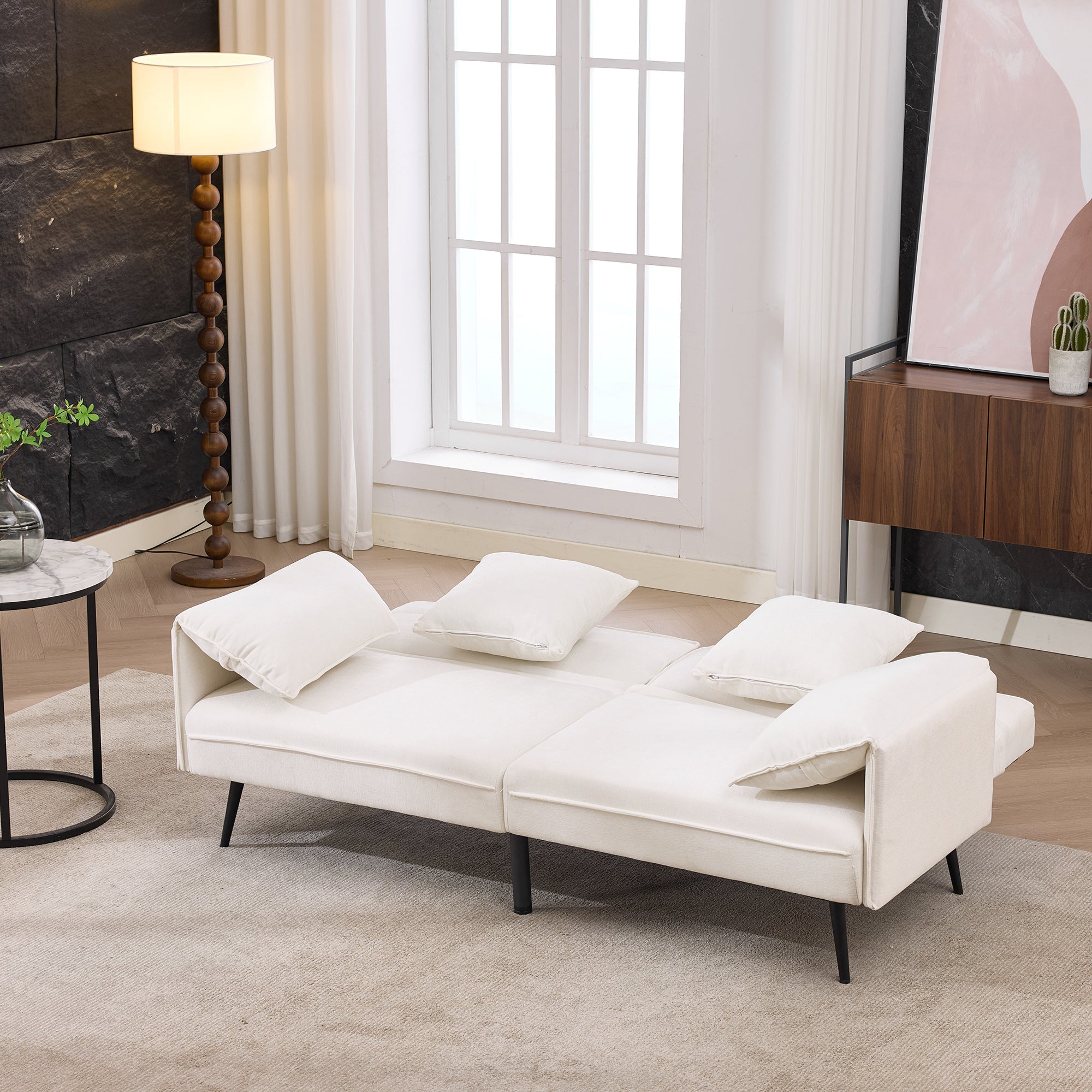 2-Seater Sleeper Sofa with 3-Position Adjustable Backrest, White