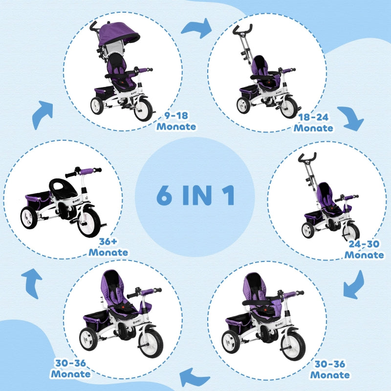 6-in-1 Tricycle with Push Bar, Sun Canopy, Safety Harness, Purple