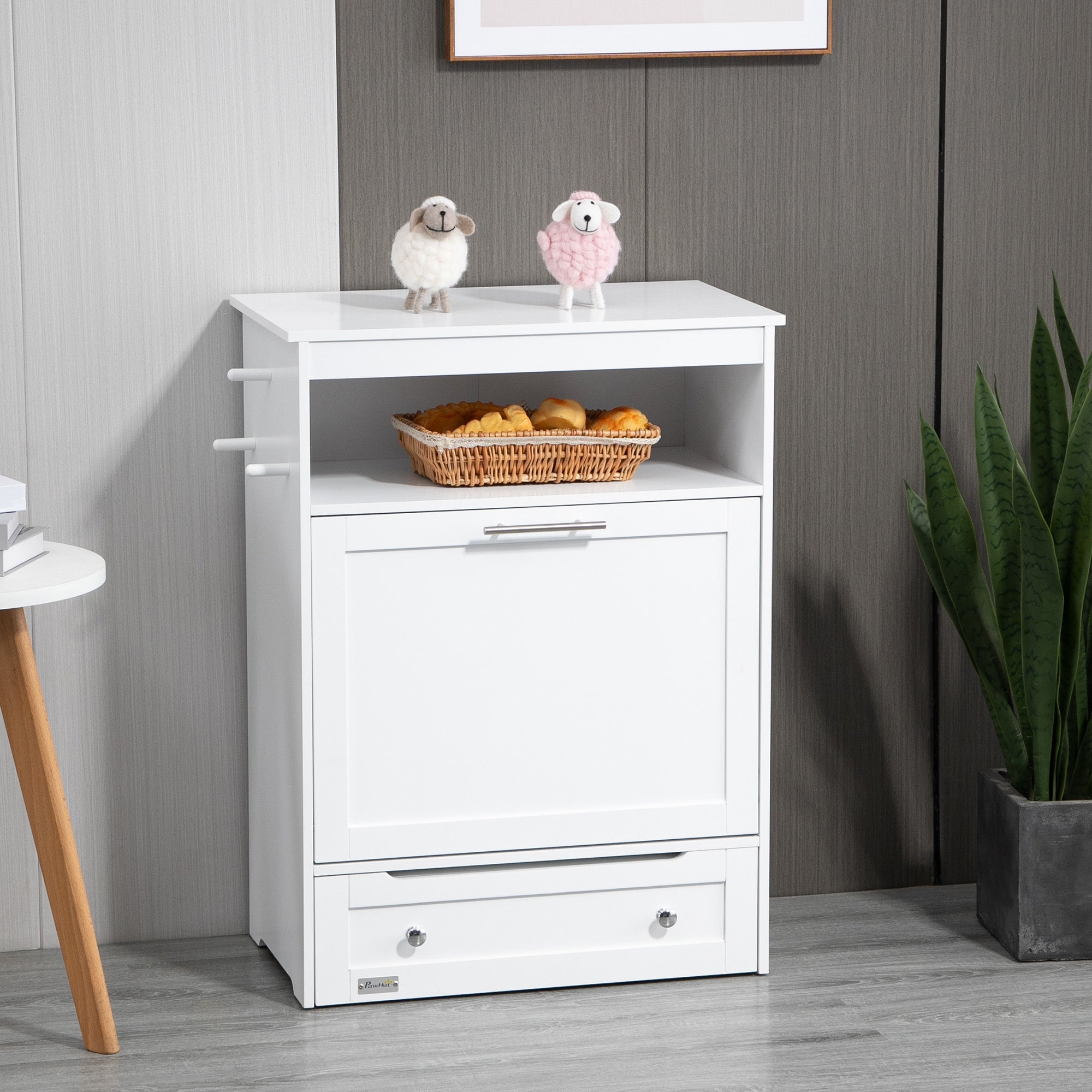 Pet Food Cabinet, 2 Stainless Steel Bowls Storage Tilting Door, White