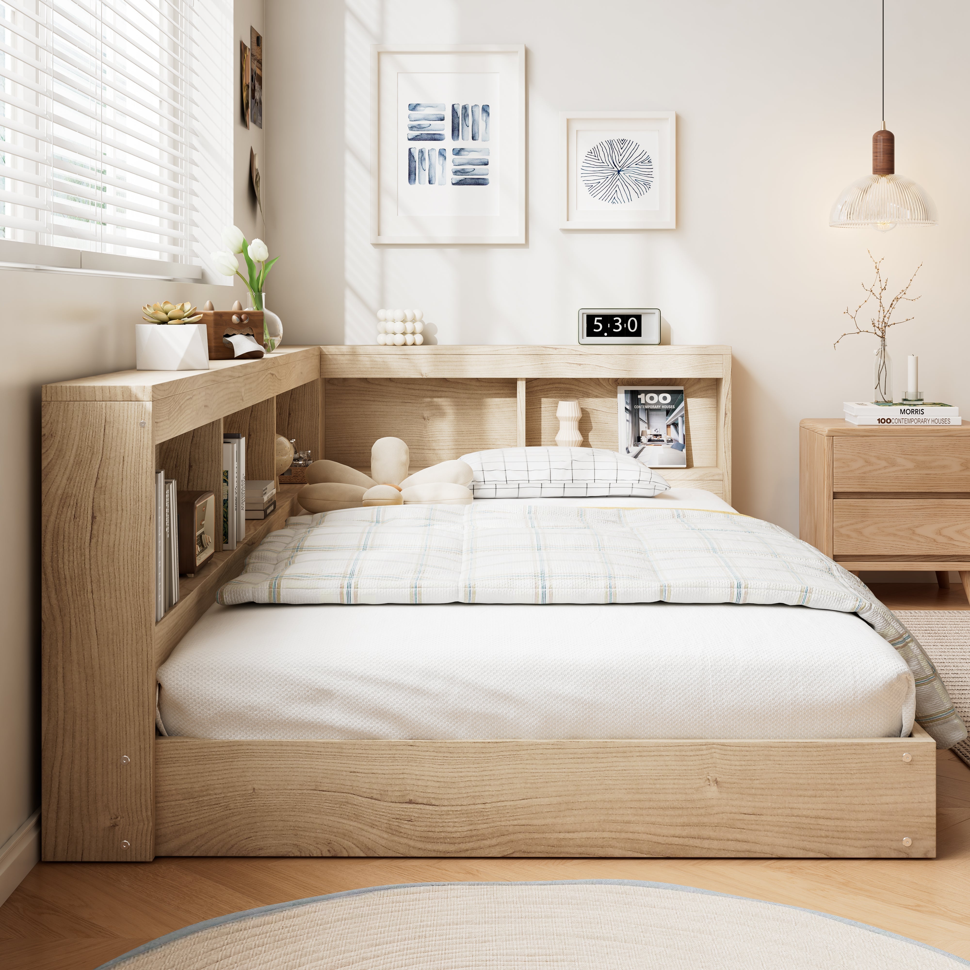 Storage Bed, 3FT Single with Storage Space & Durable MDF+Plywood, White Oak