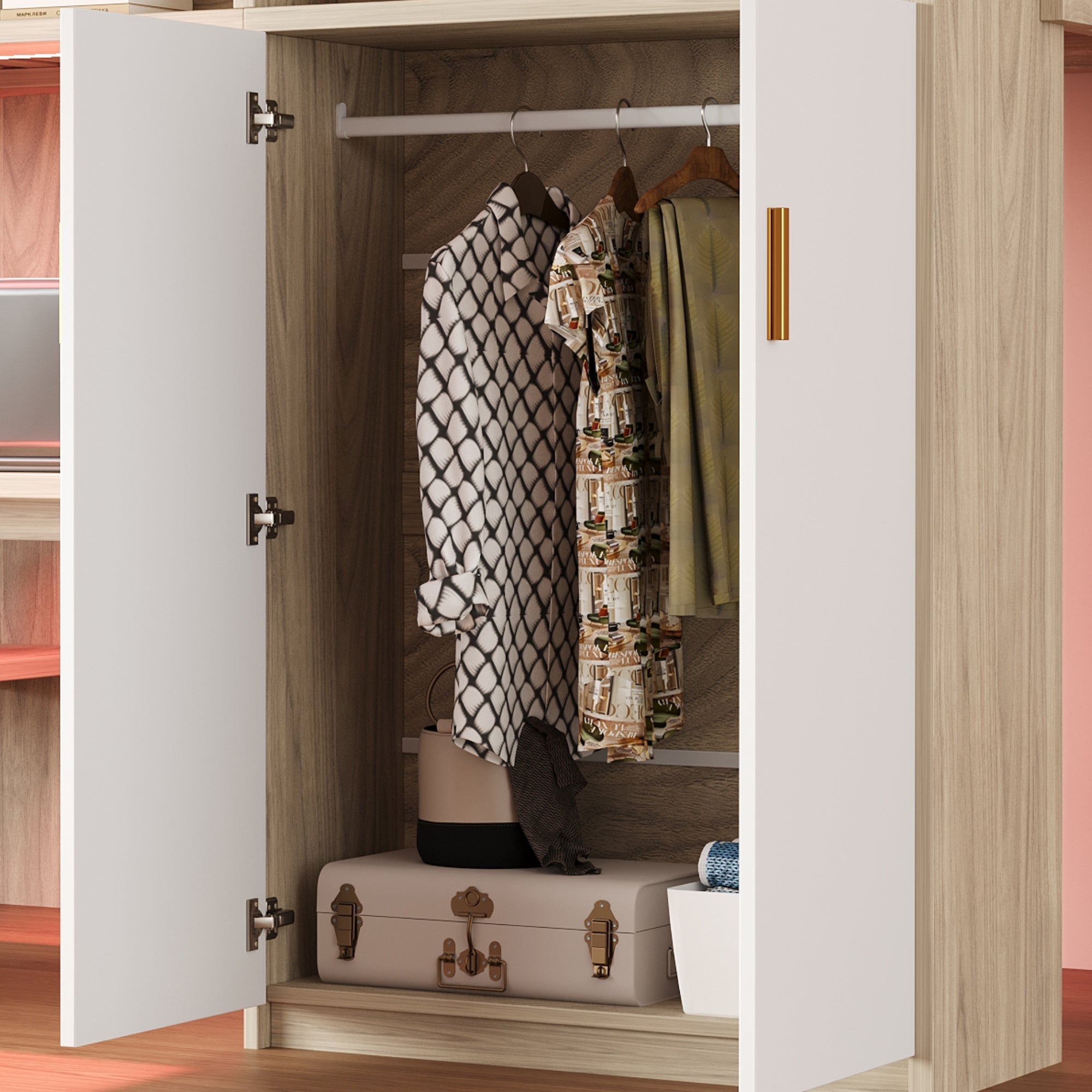 Multifunctional Loft Bed with Desk, Wardrobe, Shelf and LED Lighting, Wood Color