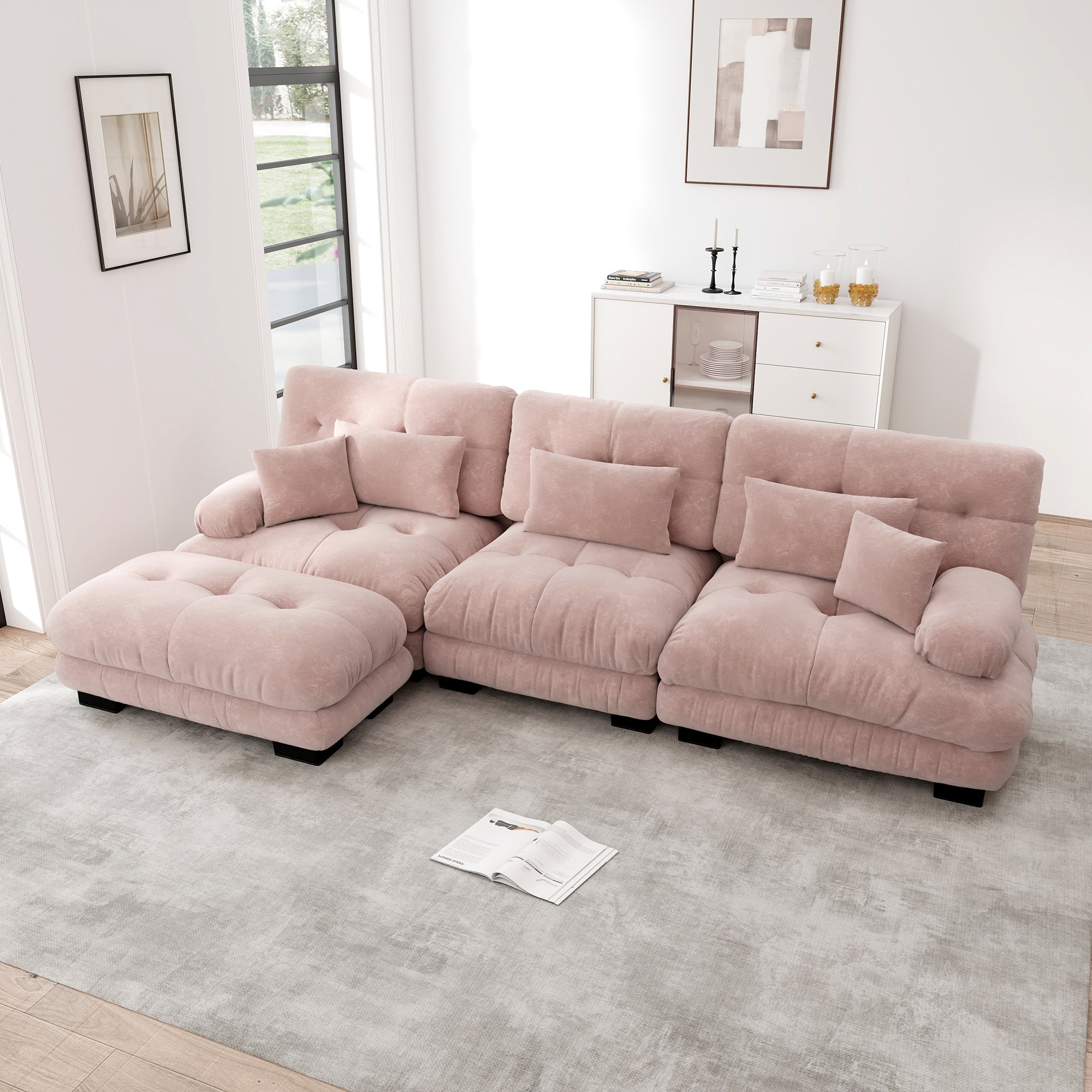 Luxury Modular Corner Sofa - Oversized L-shaped Cloud Couch with Ottoman, Chenille Pink
