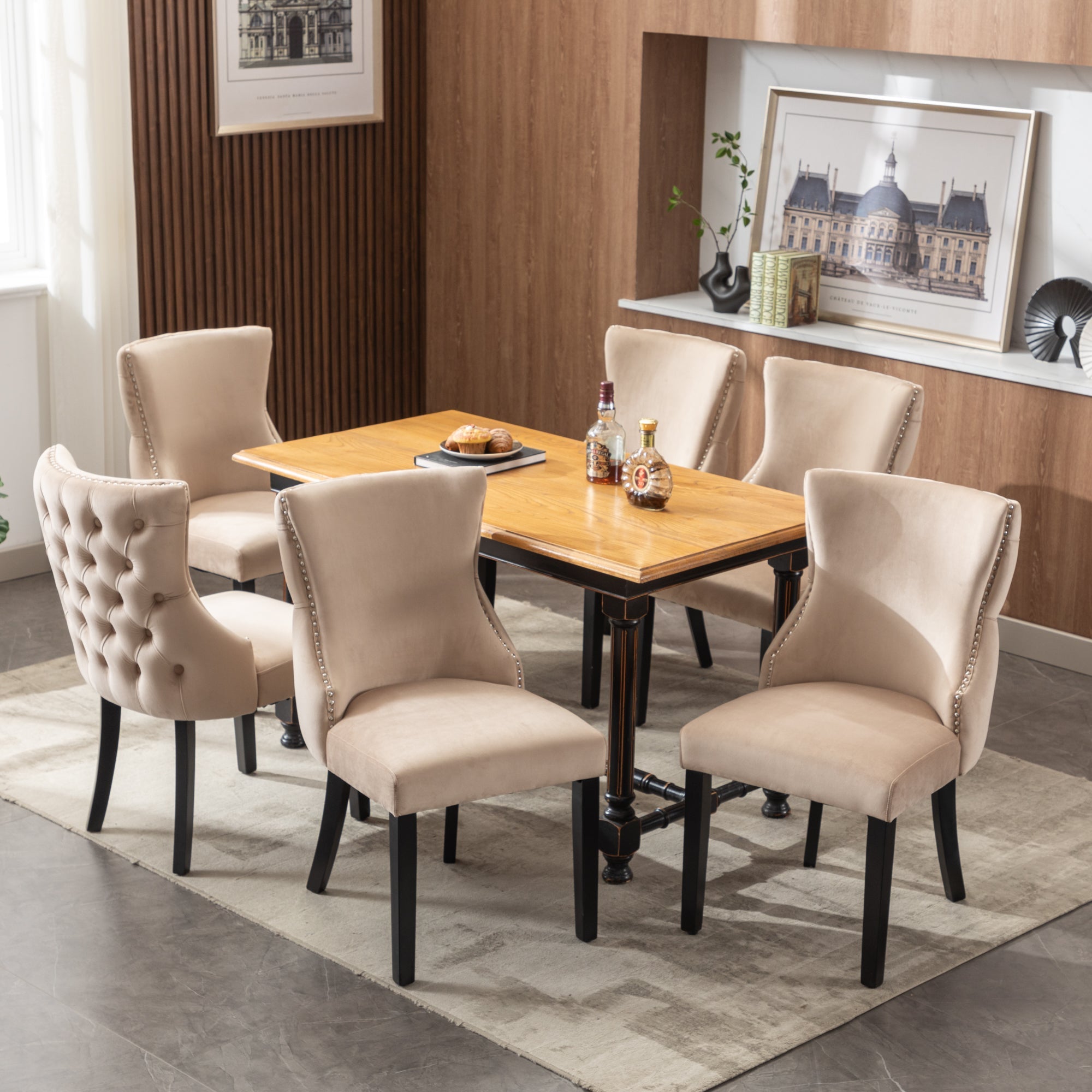 Dining Chair - Button Tufting, Solid Wood Frame - Beige Velvet (Set of 6)