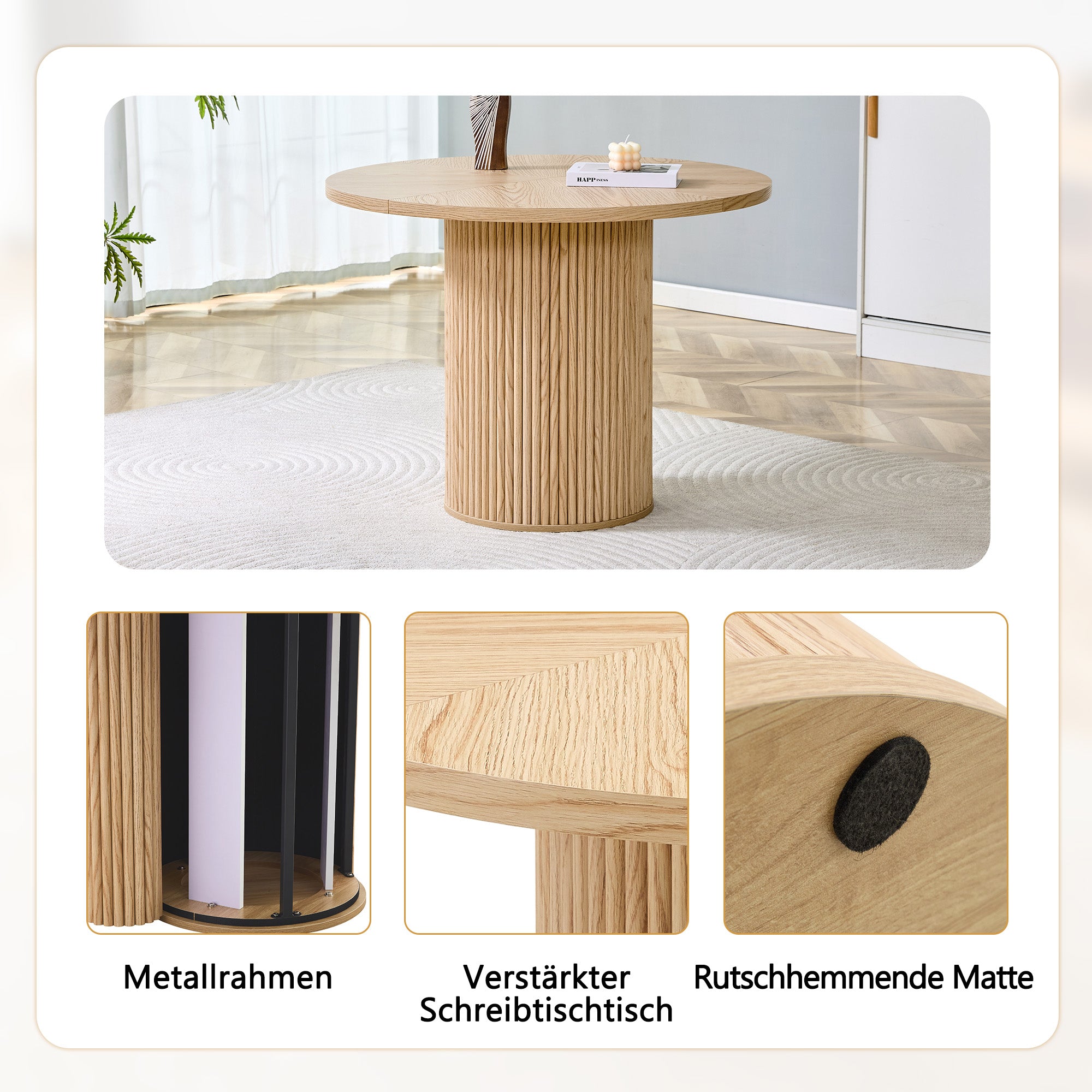 Round Dining Set 100cm MDF Table 4 Chairs - Light Wood Look/Black Faux Leather