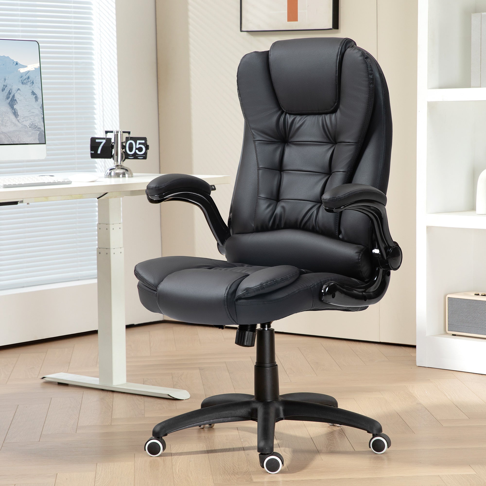 Office Chair, Ergonomic Executive Rocking Swivel with Fold-Up Armrests, Faux Leather Black