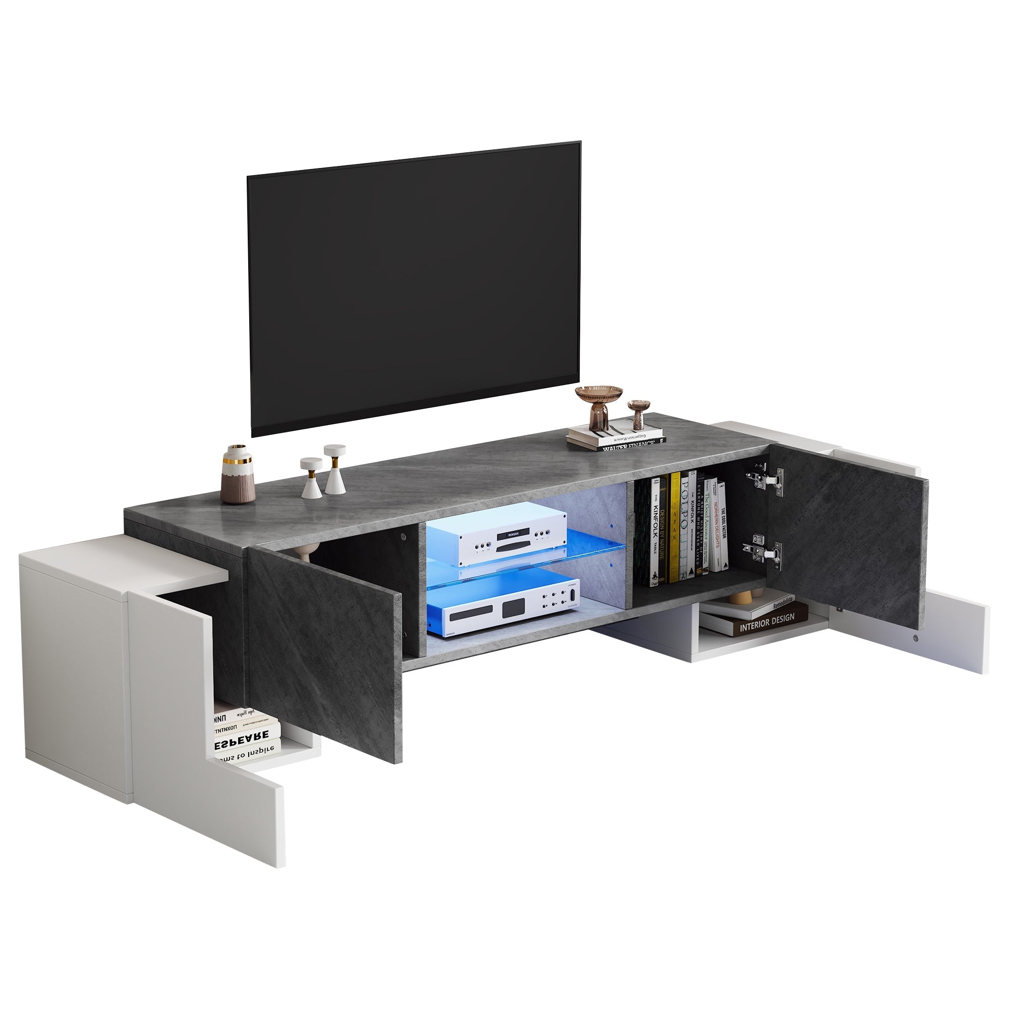 TV Cabinet 180*40*46.5cm, Lowboard with Bluetooth LED, White & Gray