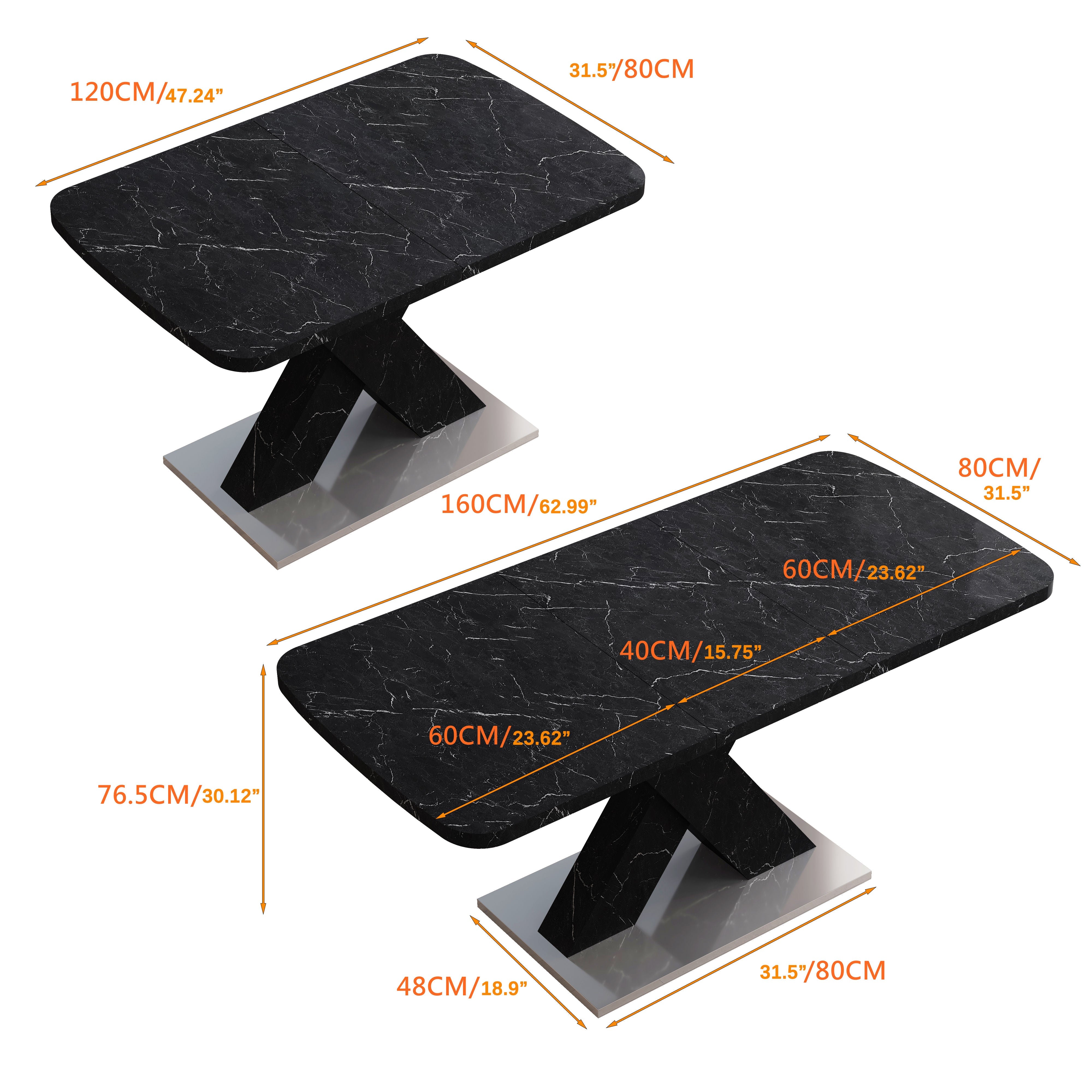 Dining Table 120-160CM Modern Stretchable Rectangle Marble Top, Black MDF/Metal