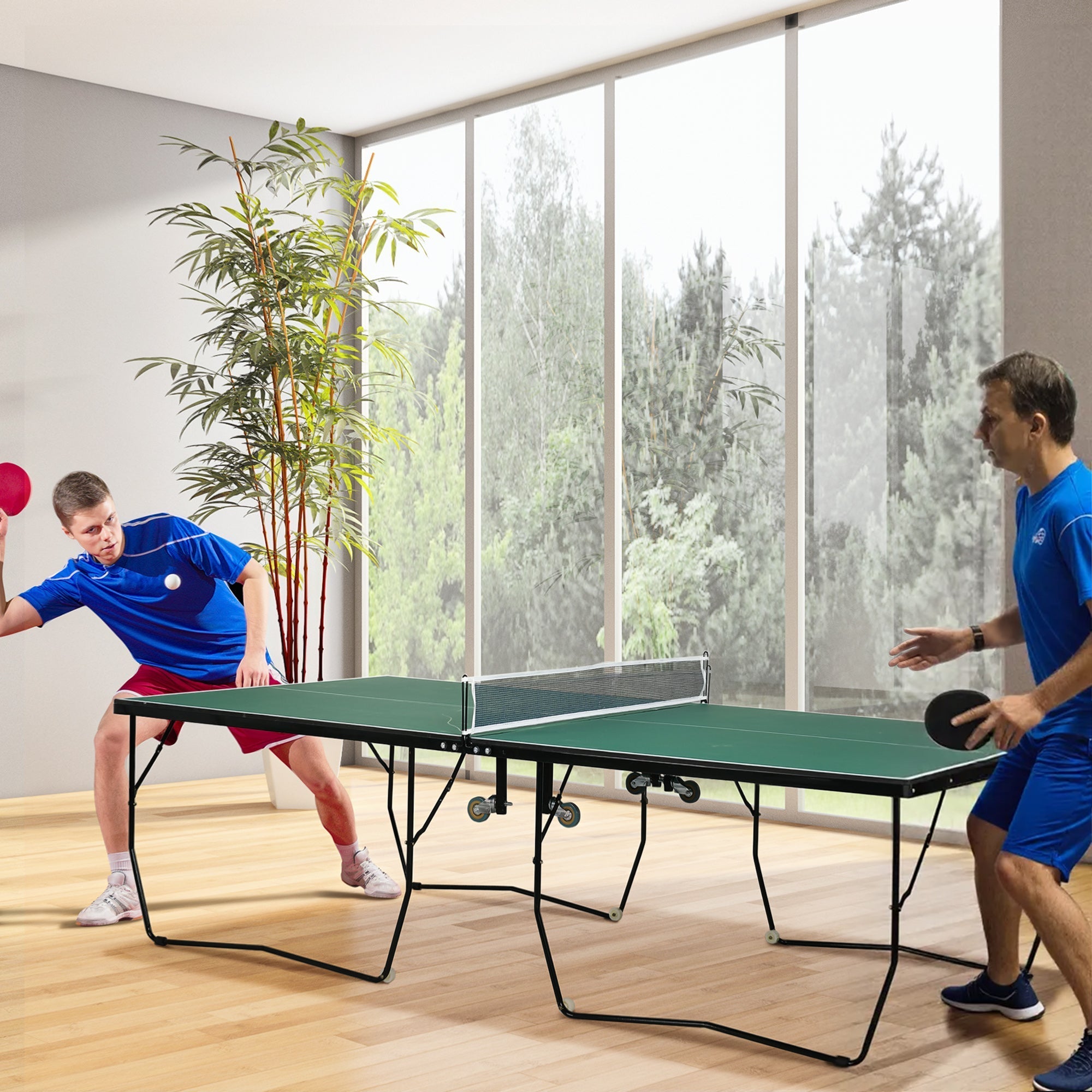 Tischtennisplatte, klappbar mit Rollen & Set, Stahl Grün