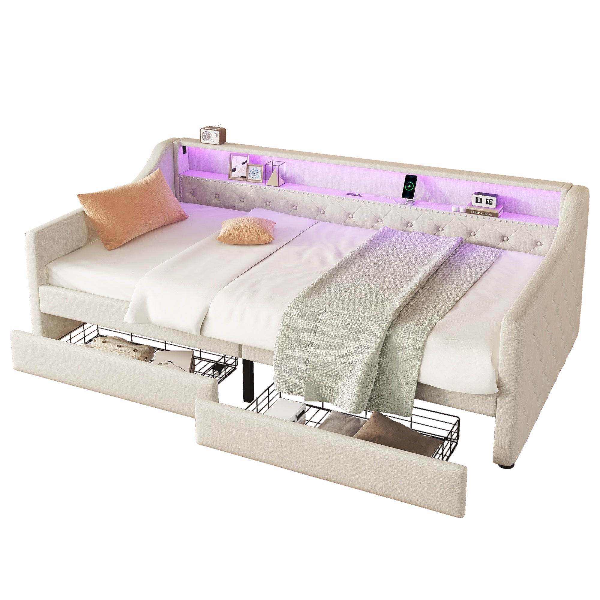 Daybed 90x200cm Ambient Light 2 Drawers USB - Linen Beige
