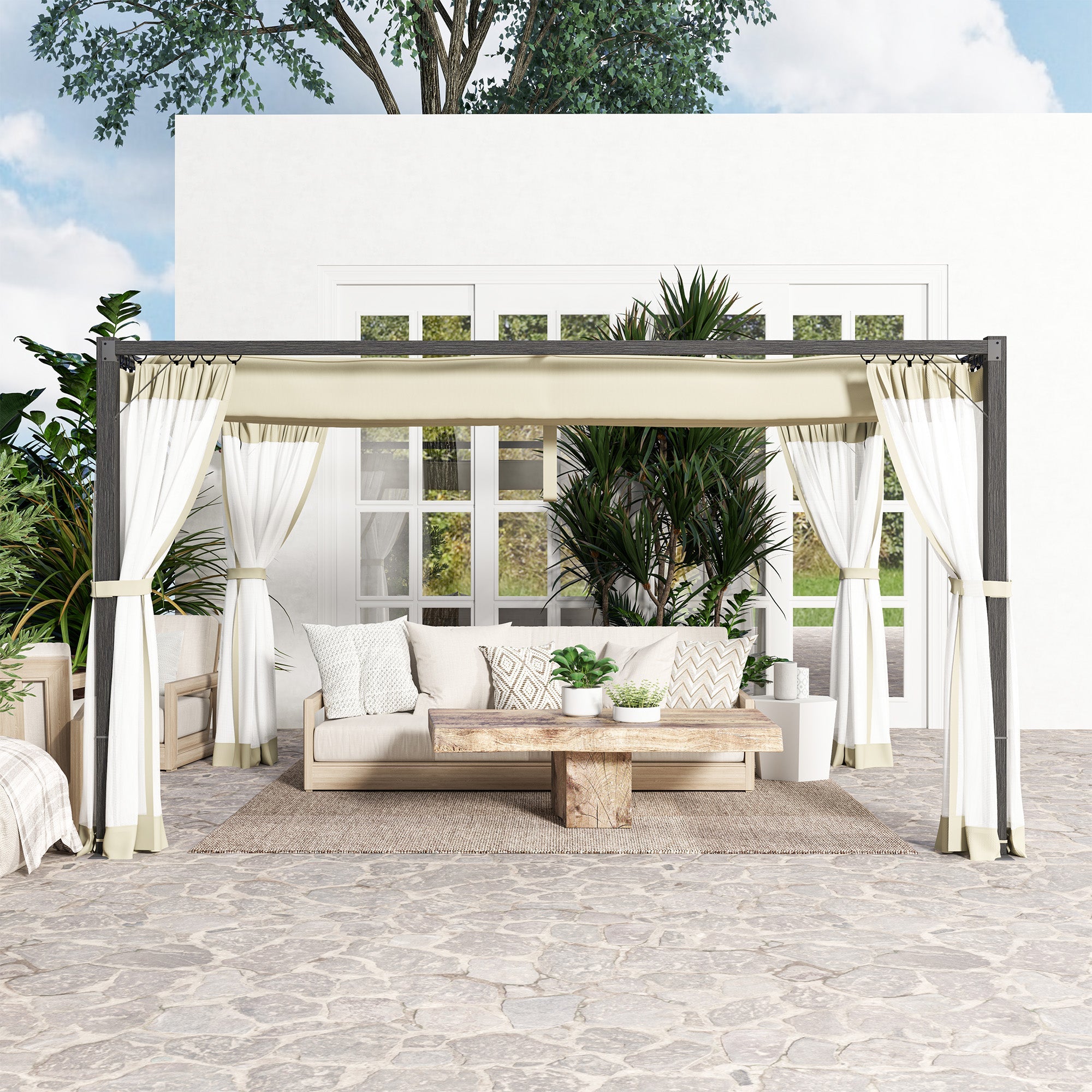 3 x 4m Pergola with Retractable Roof, Aluminium Frame - Khaki