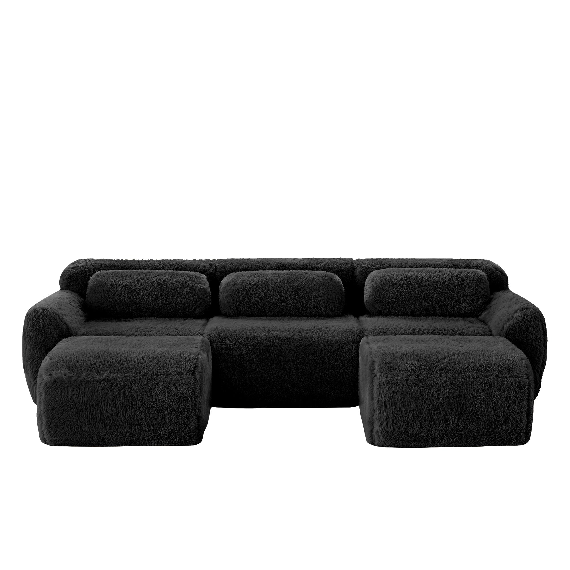 U-shaped Modular Sofa Plush Fabric No Assembly With Cushions - Black