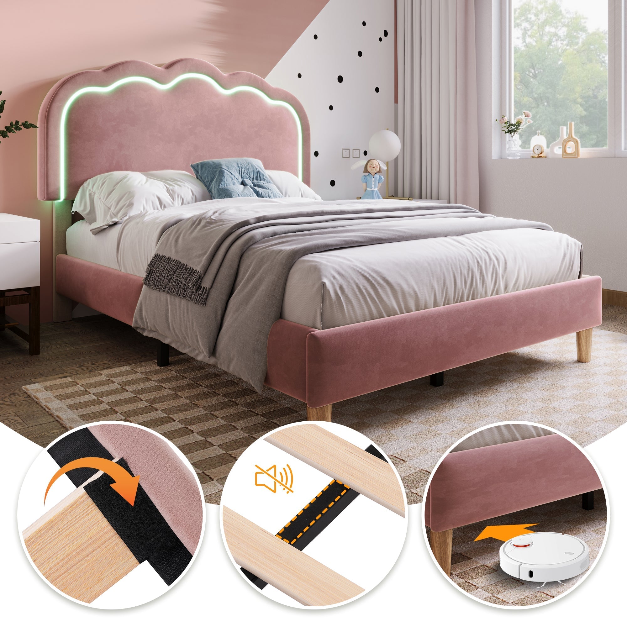 Upholstered Bed, LED, Adjustable Headboard, Pink, Velvet Material