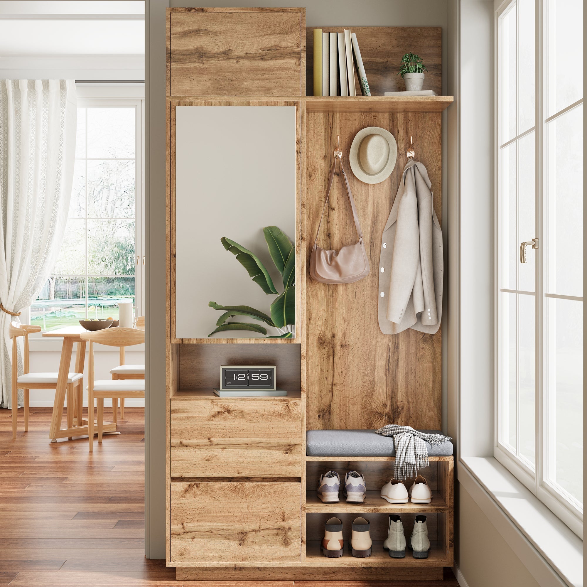Compact Wardrobe with Mirror, Bench, Shoe Cabinet & Hooks, Natural MDF