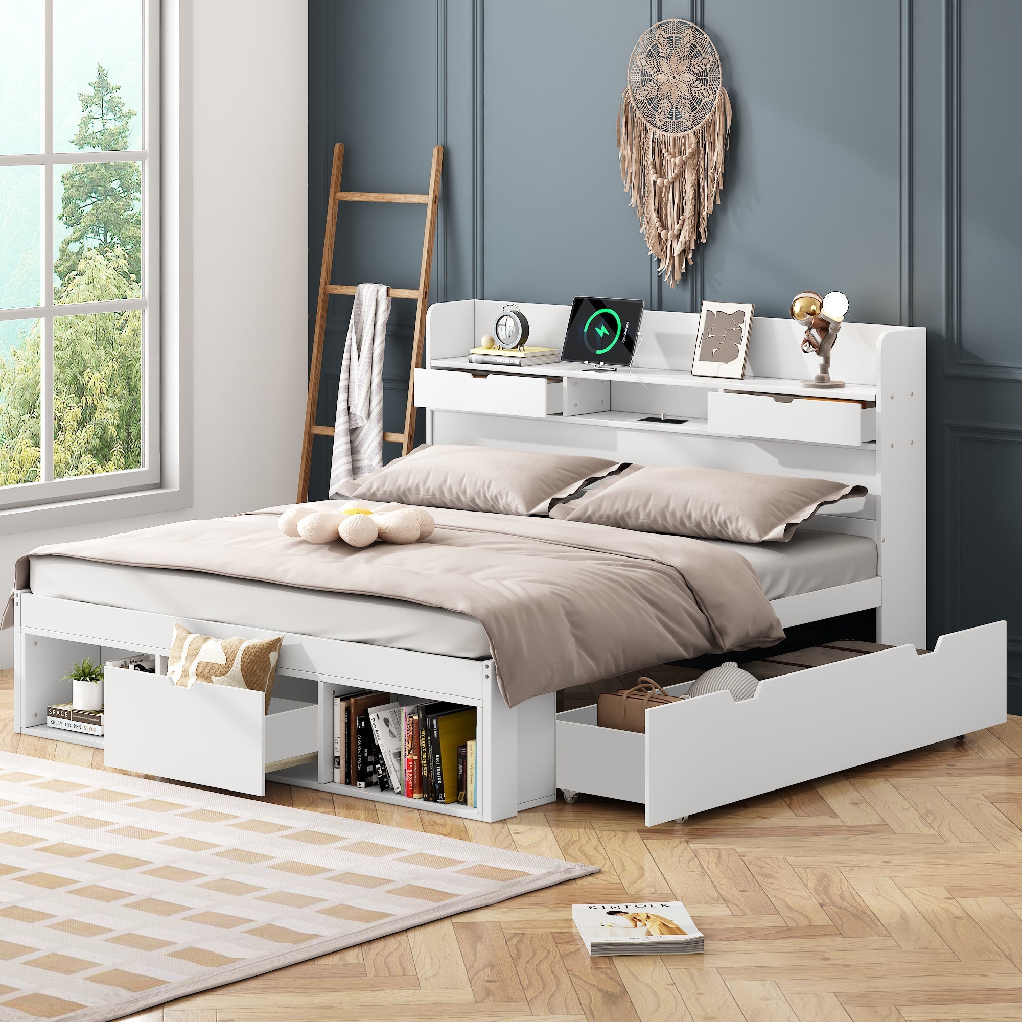 Multifunctional Double Bed 140x190cm USB Drawers Storage Cabinet - White